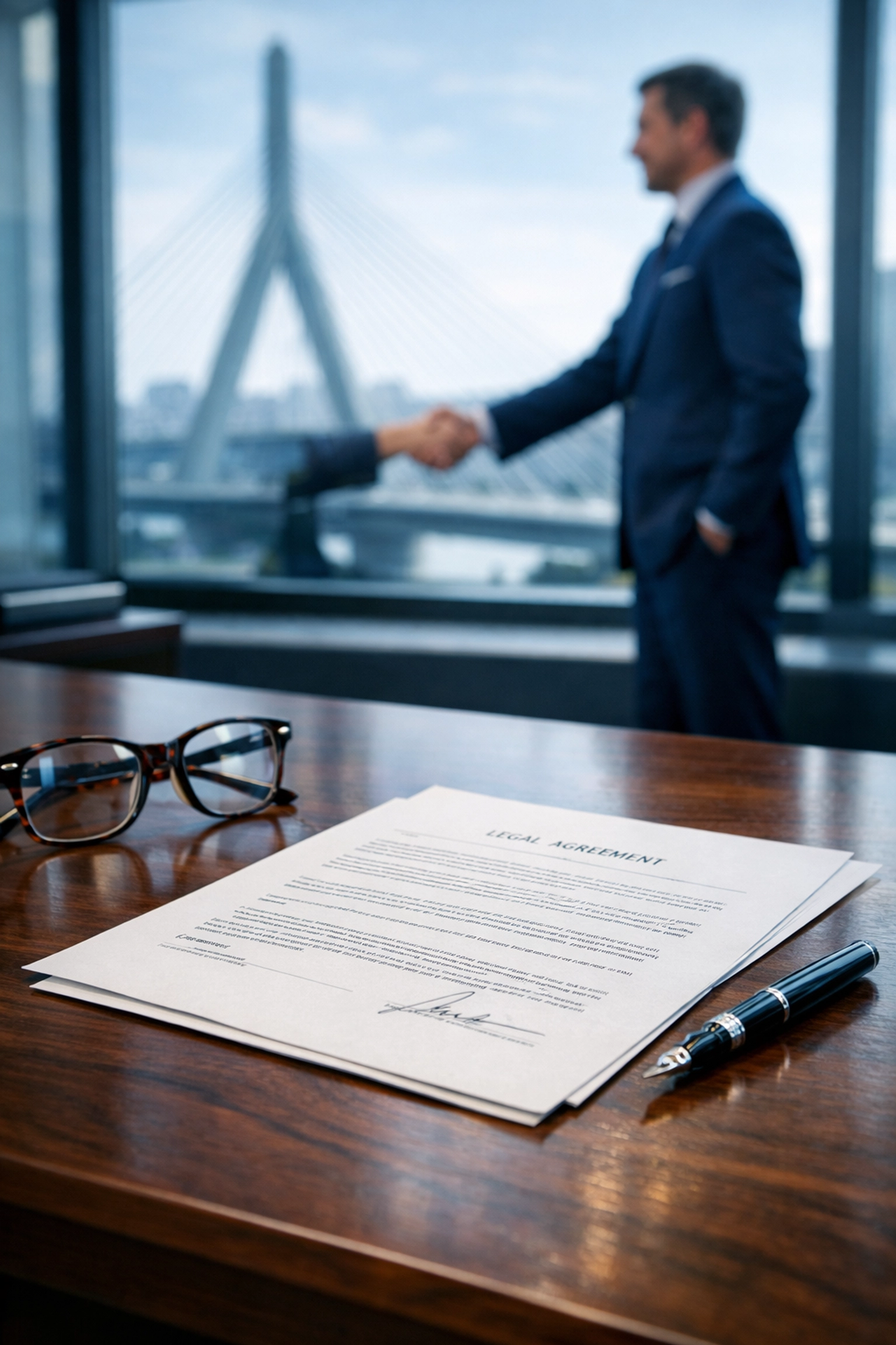 A car accident attorney meeting with a client in a Boston law office to review legal documentation.