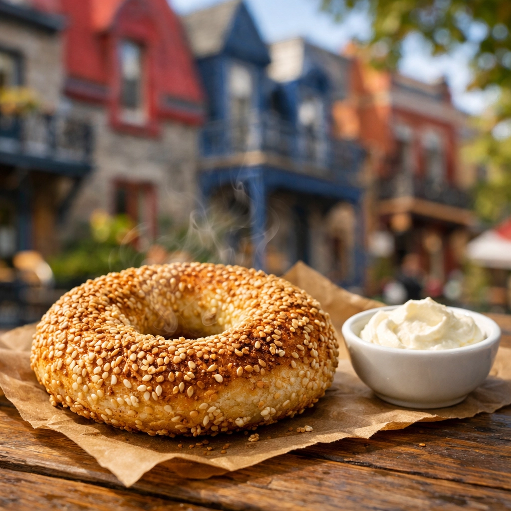 A fresh sesame-crusted Montreal bagel served at a sunlit outdoor café in the Plateau neighborhood.