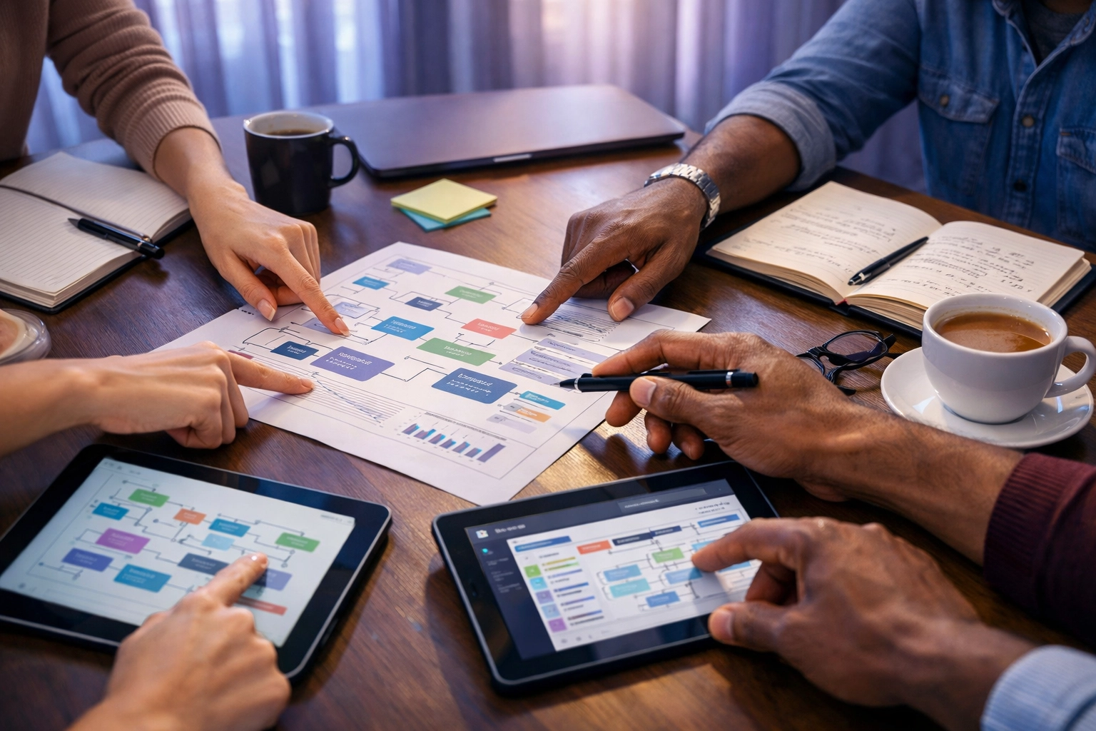 Team collaboration meeting with IT project management consultant sharing knowledge and workflows