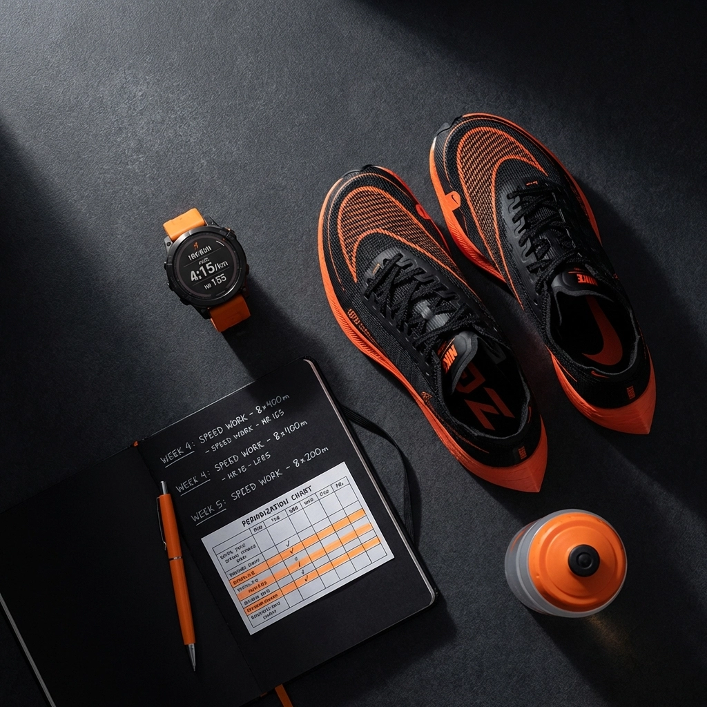 Overhead view of running gear and journal, highlighting planning and periodization in marathon training