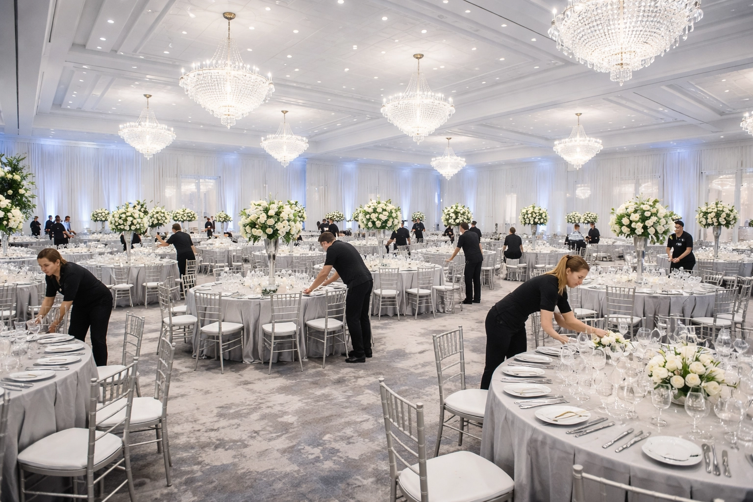 Event staff setting up silver Chiavari chairs and elegant linens for a large corporate gala venue