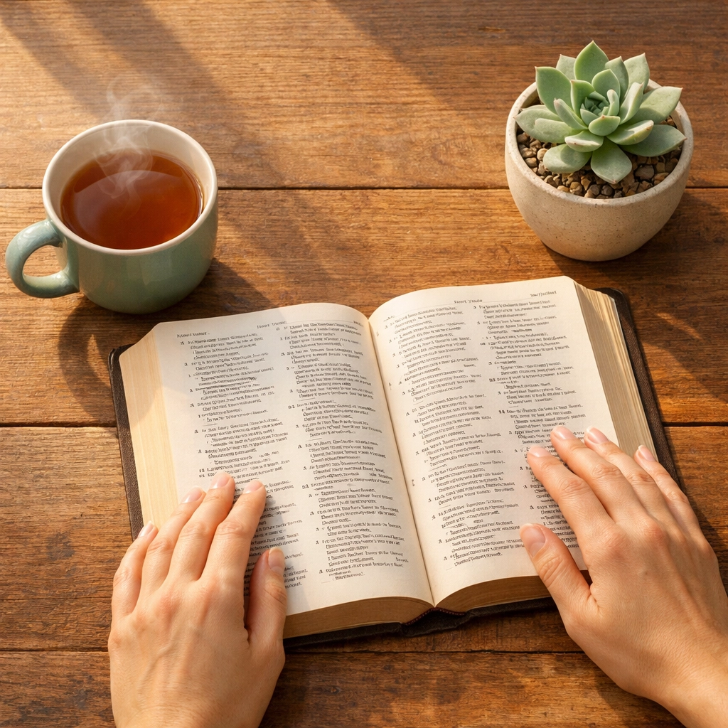 Hands resting on open Bible with tea during quiet morning prayer and reflection time