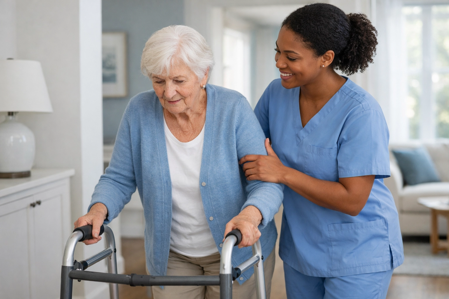 Home caregiver providing mobility assistance and personal care services to senior with walker