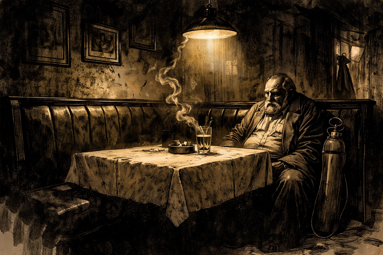 Heavy-set man sits alone in a shadowy Italian social club booth, capturing the dark noir mystery vibe.