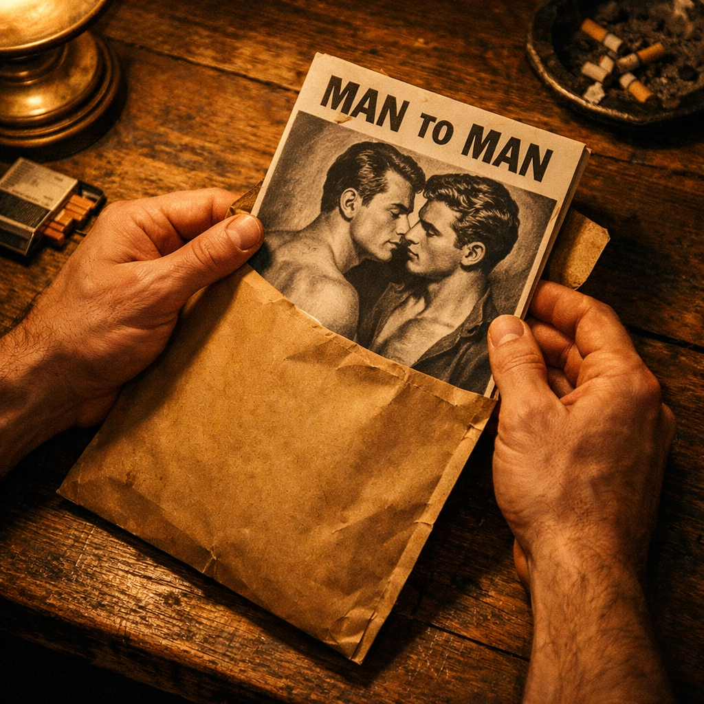 Male hands opening a vintage Der Kreis magazine from a plain envelope, a relic of early LGBTQ+ fiction.