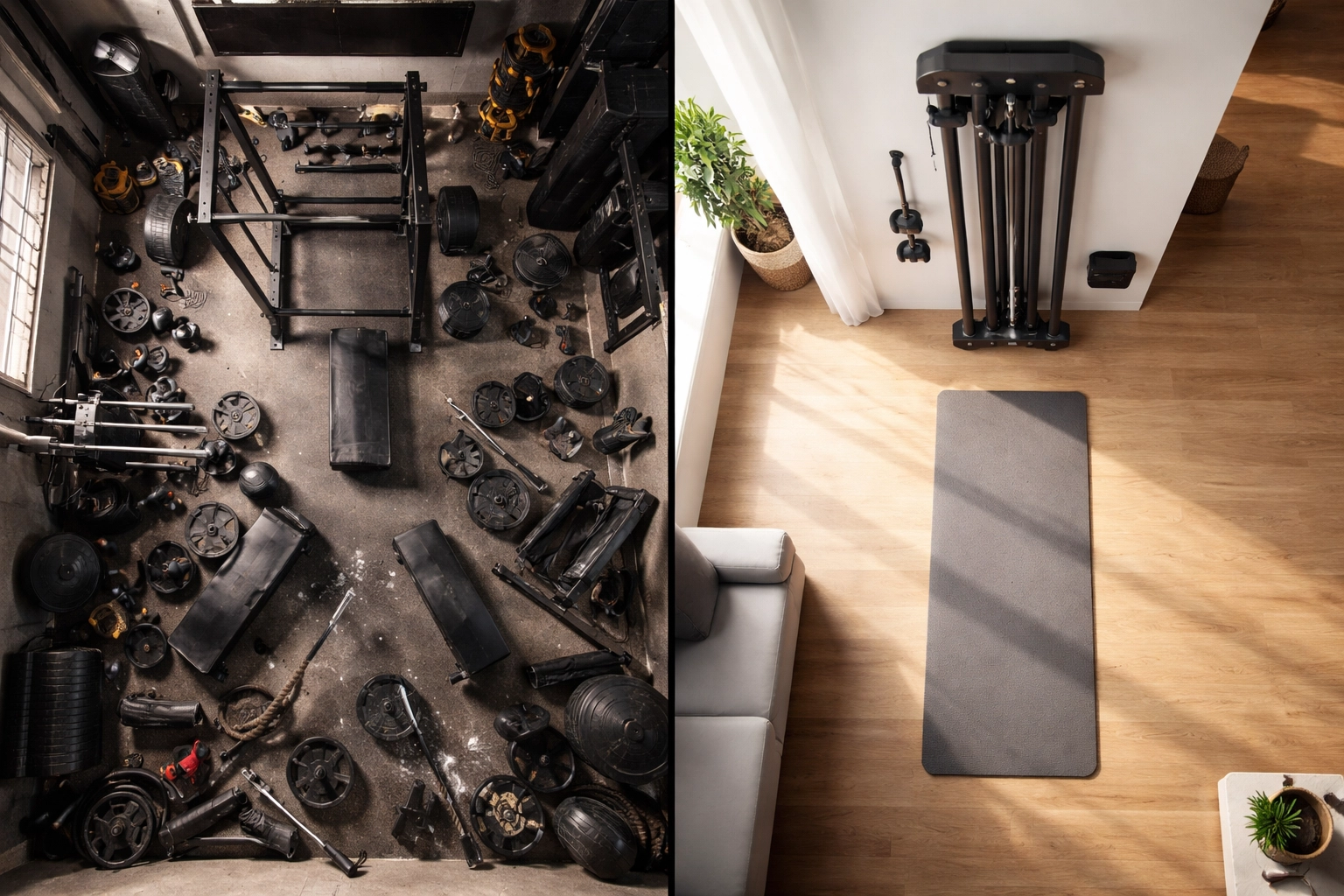 Side-by-side comparison of a cluttered garage gym and a compact, efficient home gym setup featuring a floor-to-ceiling fitness rail.