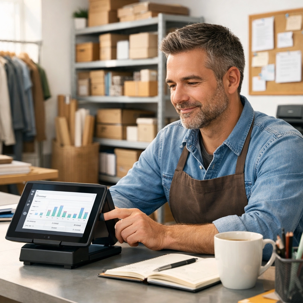 Business owner using a pos system tablet to check sales performance and manage business growth.