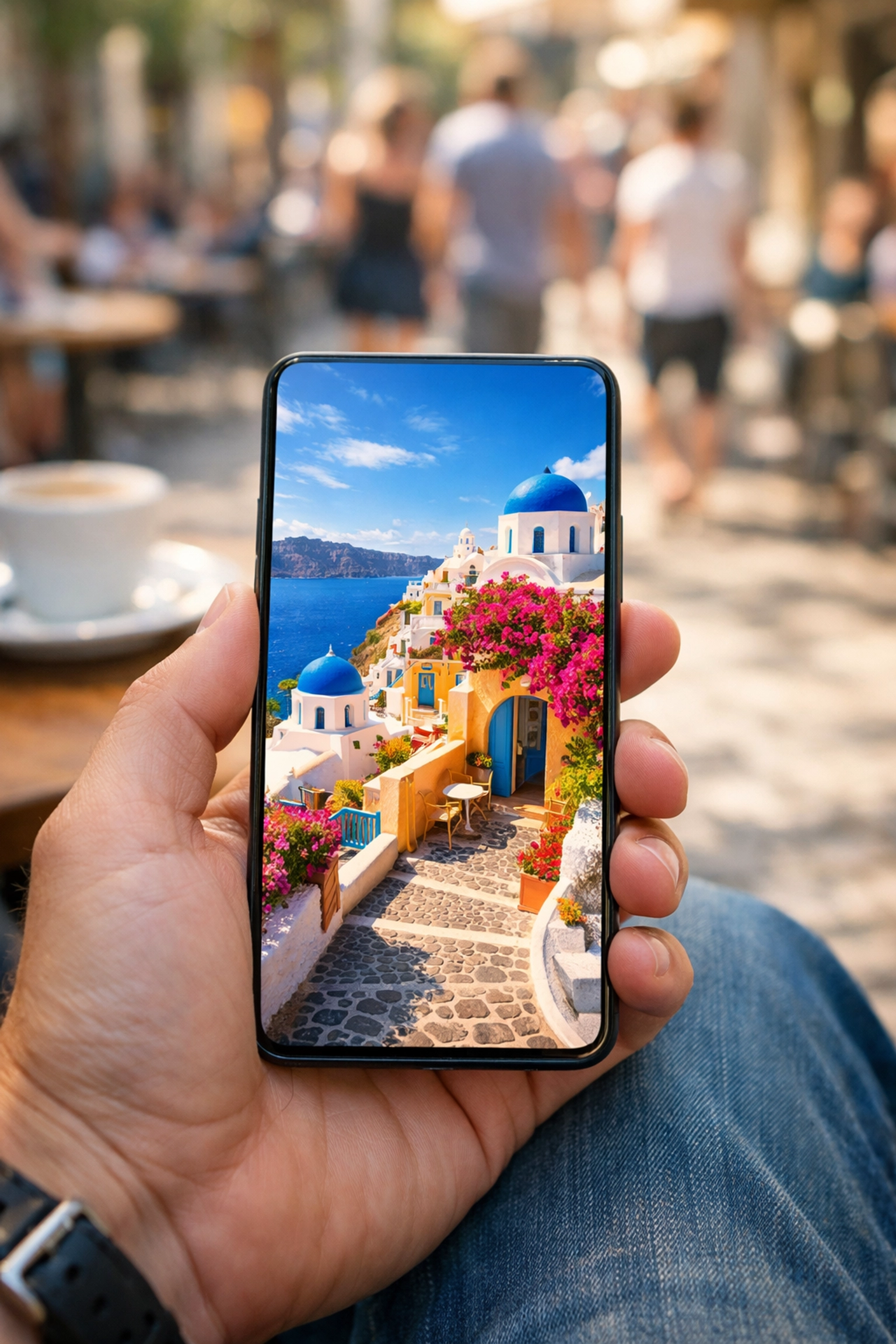 Smartphone showing a fast-loading travel photo of Santorini to illustrate mobile-first image optimization for speed.
