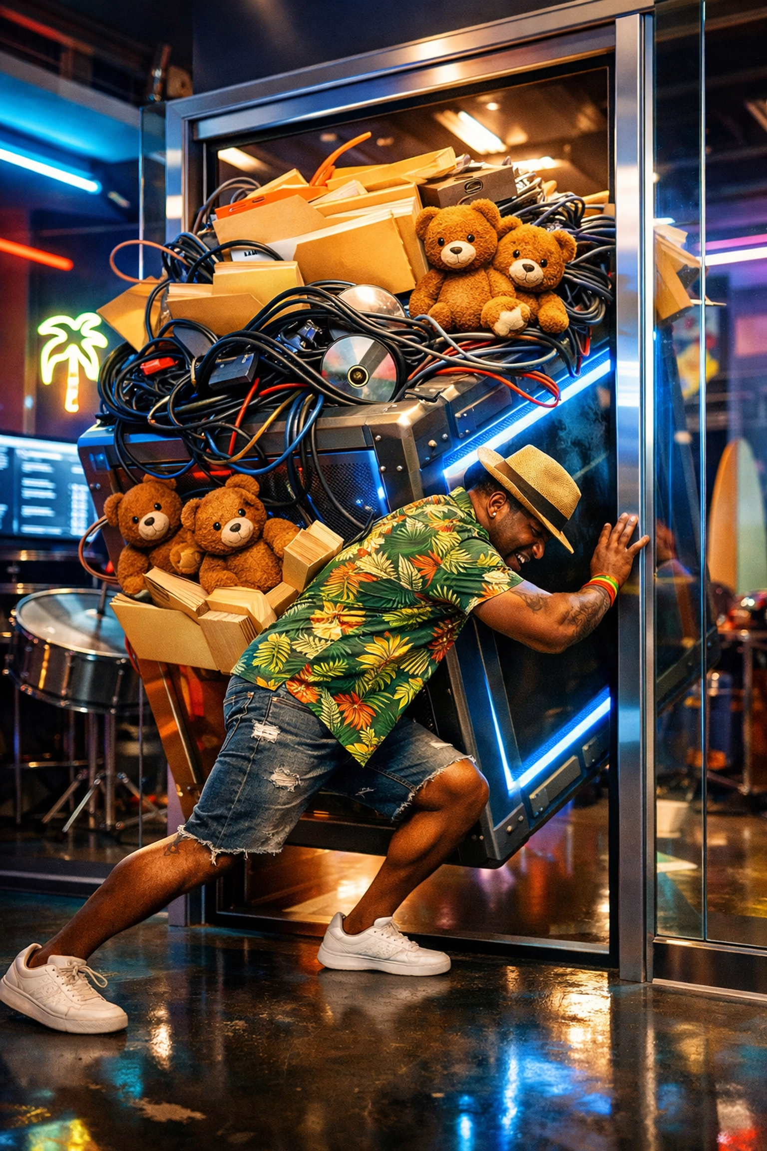 Man pushing a heavy digital crate of redundant files, representing website bloat and slow performance.