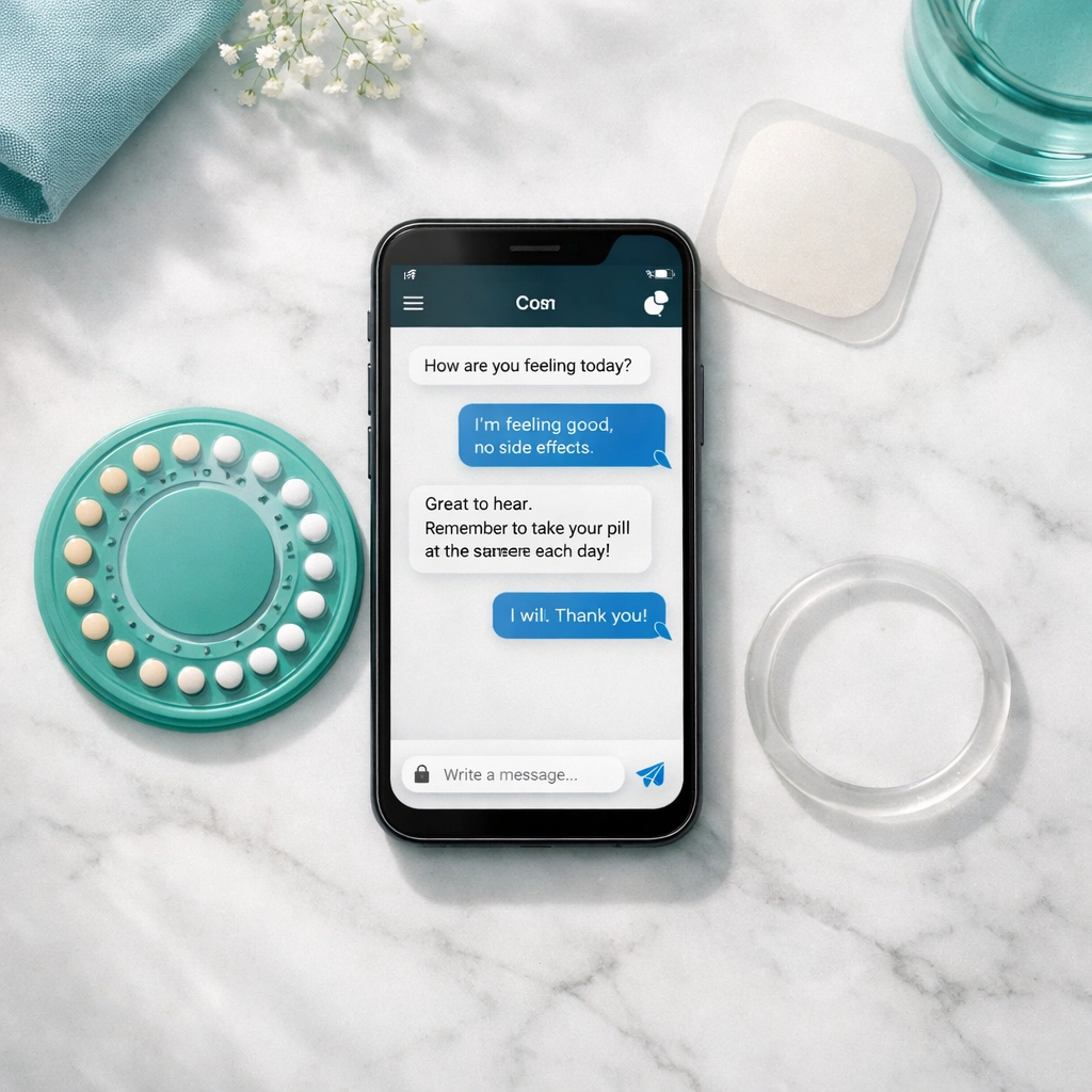 Secure medical chat on a smartphone for birth control prescriptions online next to various contraceptive options.