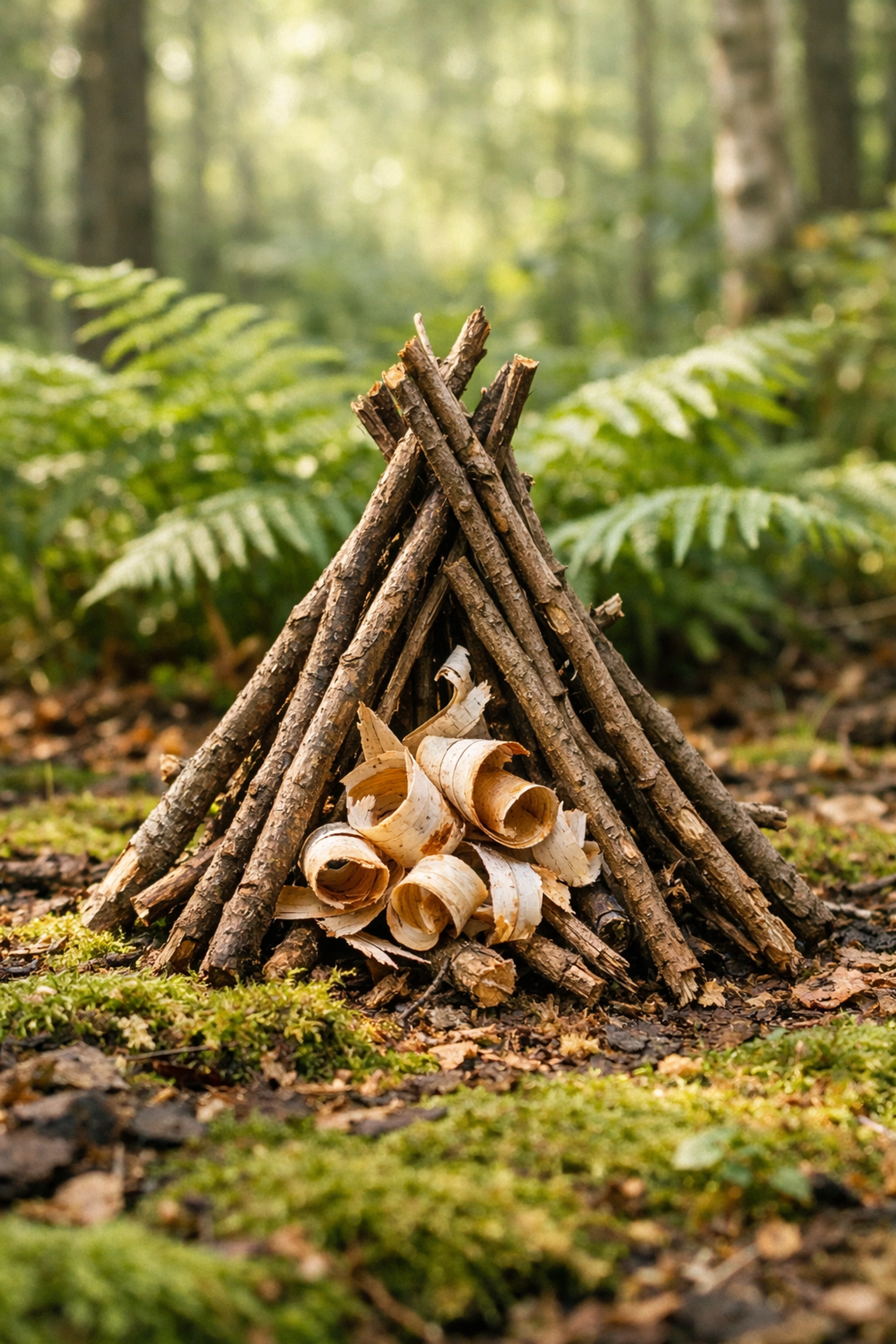Teepee-style fire starter with birch bark and twigs on a mossy floor for a camping adventure UK.