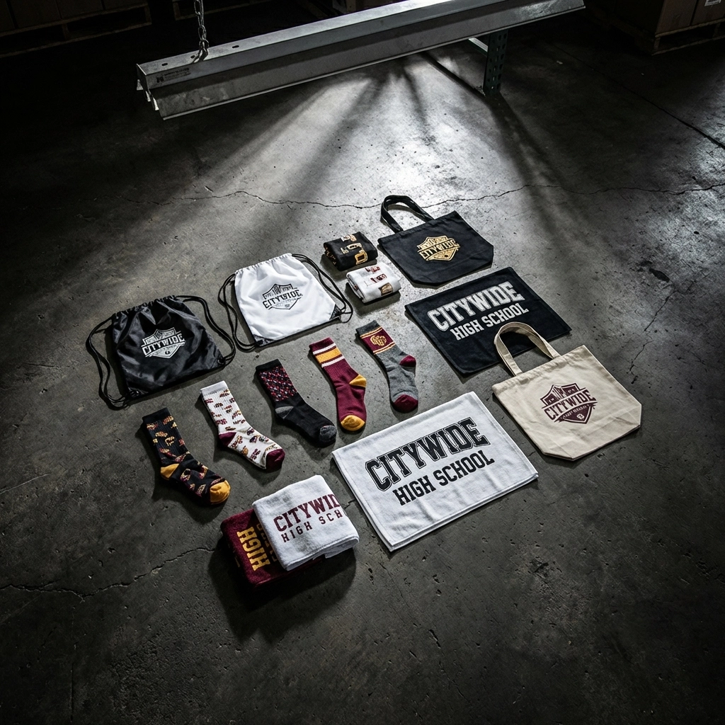 Assortment of custom West Virginia spirit wear including rally towels, socks, drawstring and tote bags on concrete background
