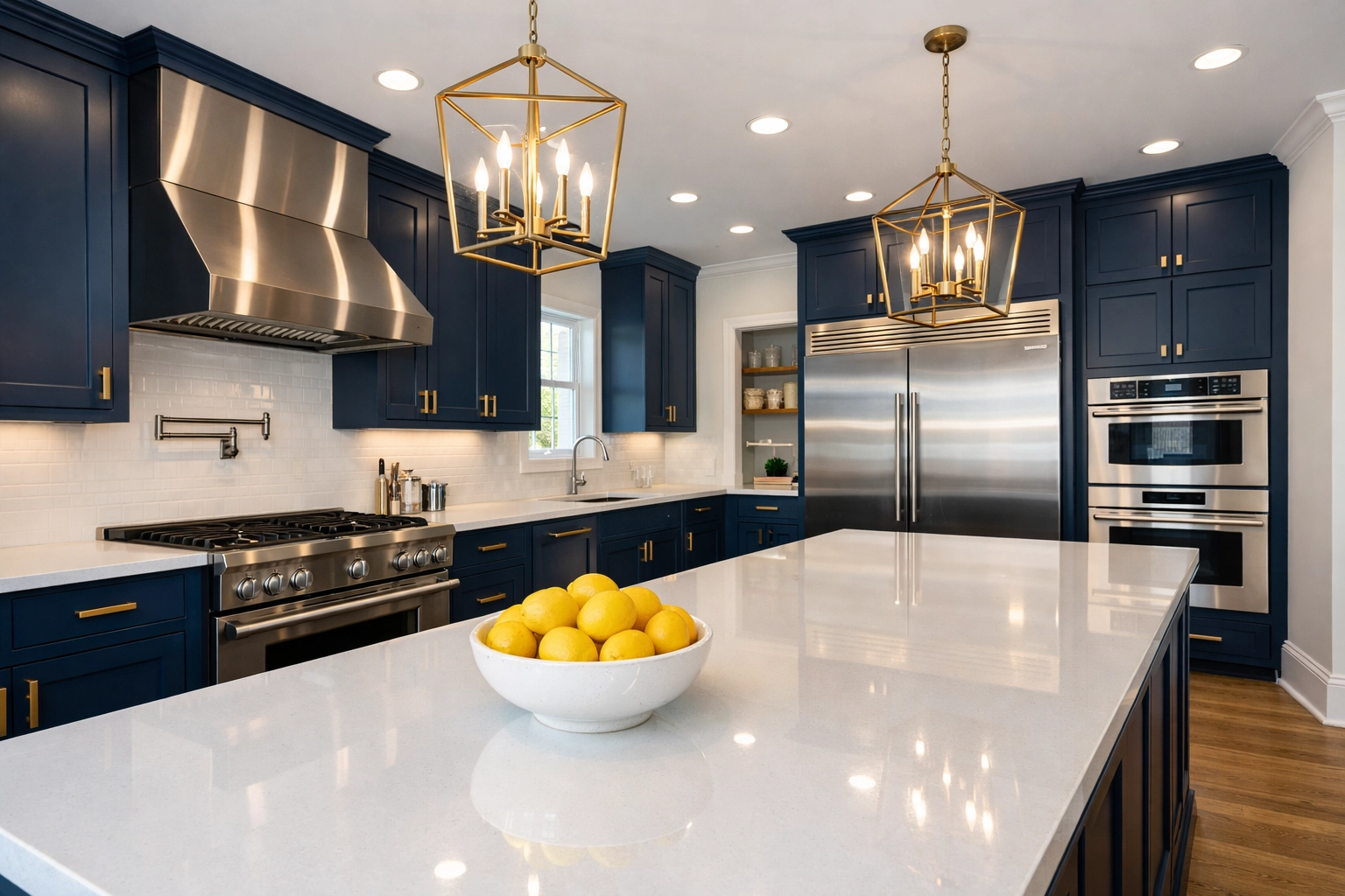A pristine gourmet kitchen in Franklin with reflective countertops following a professional deep clean.