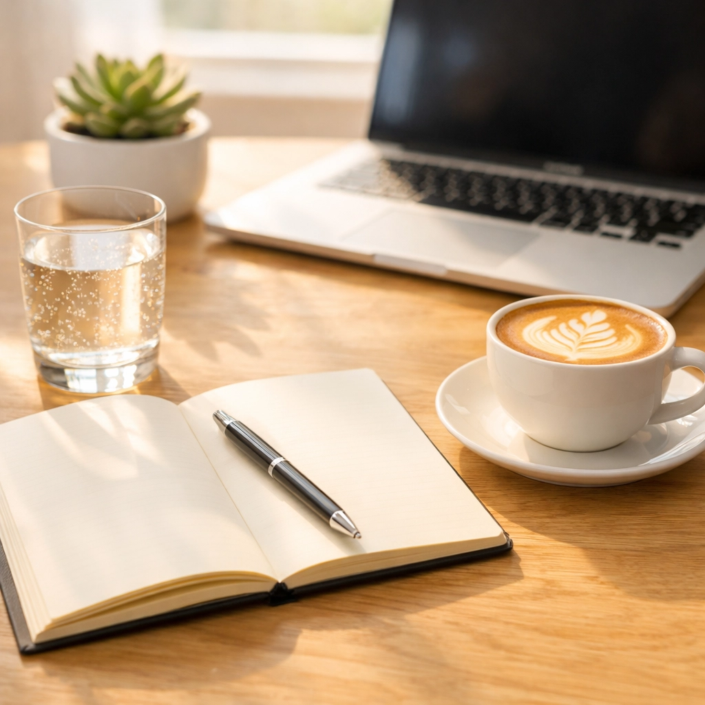 A coffee shop startup planning workspace with a notebook and flat white coffee for wholesale research.