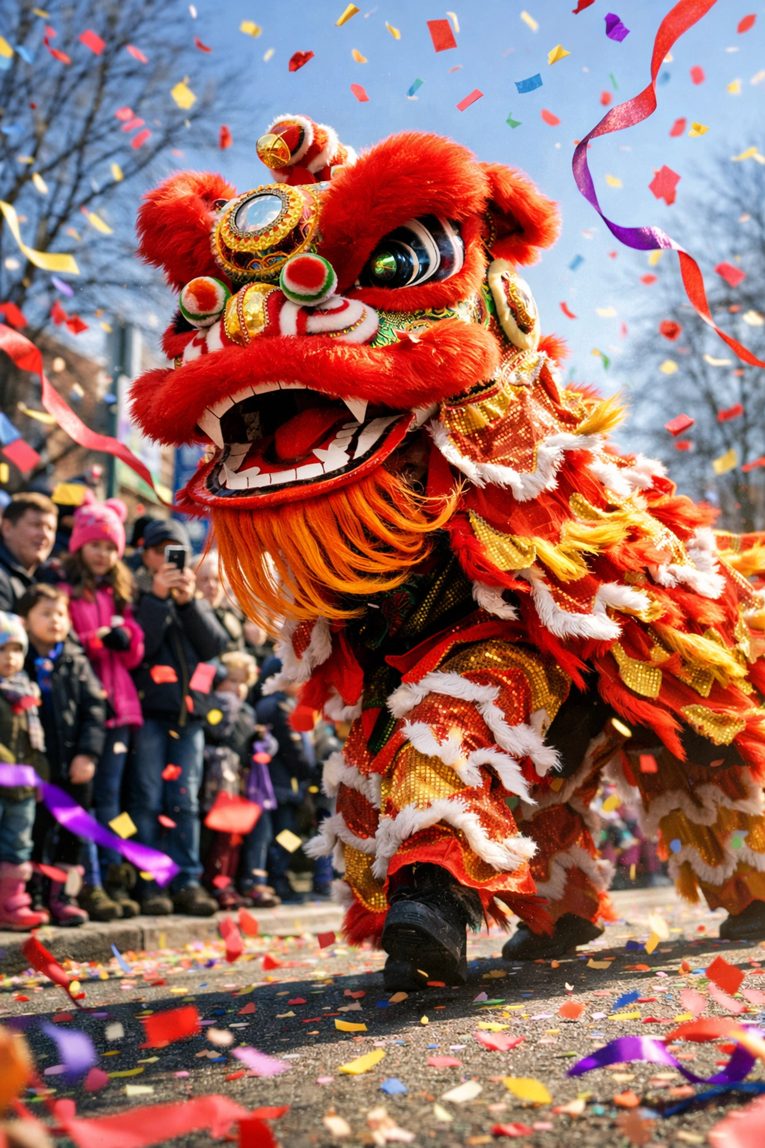 Traditional Chinese lion dance performance at Chinatown Day Parade in Philadelphia