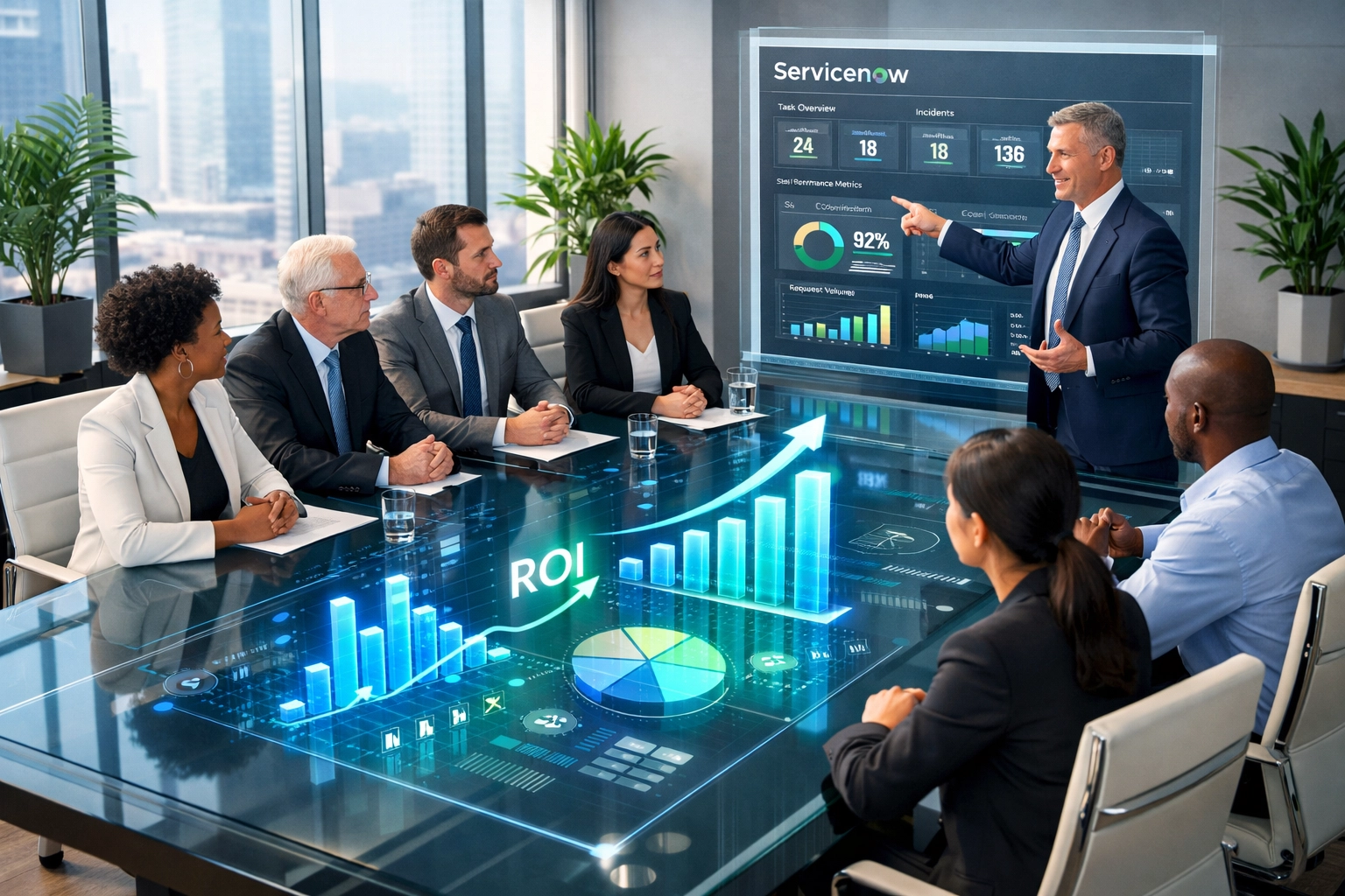 Business executives reviewing ServiceNow ROI dashboard displaying financial analytics and performance metrics