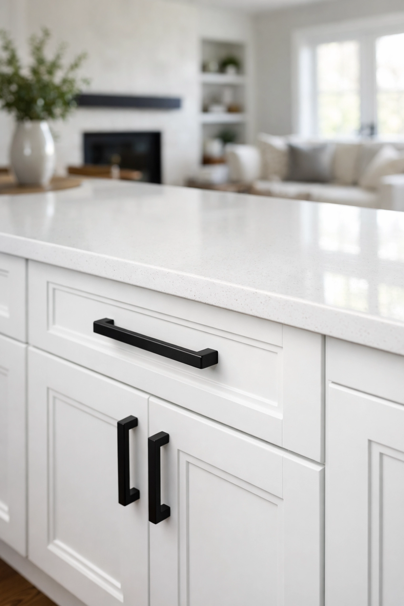 In-house custom white cabinetry and quartz countertops featuring high-quality craftsmanship.