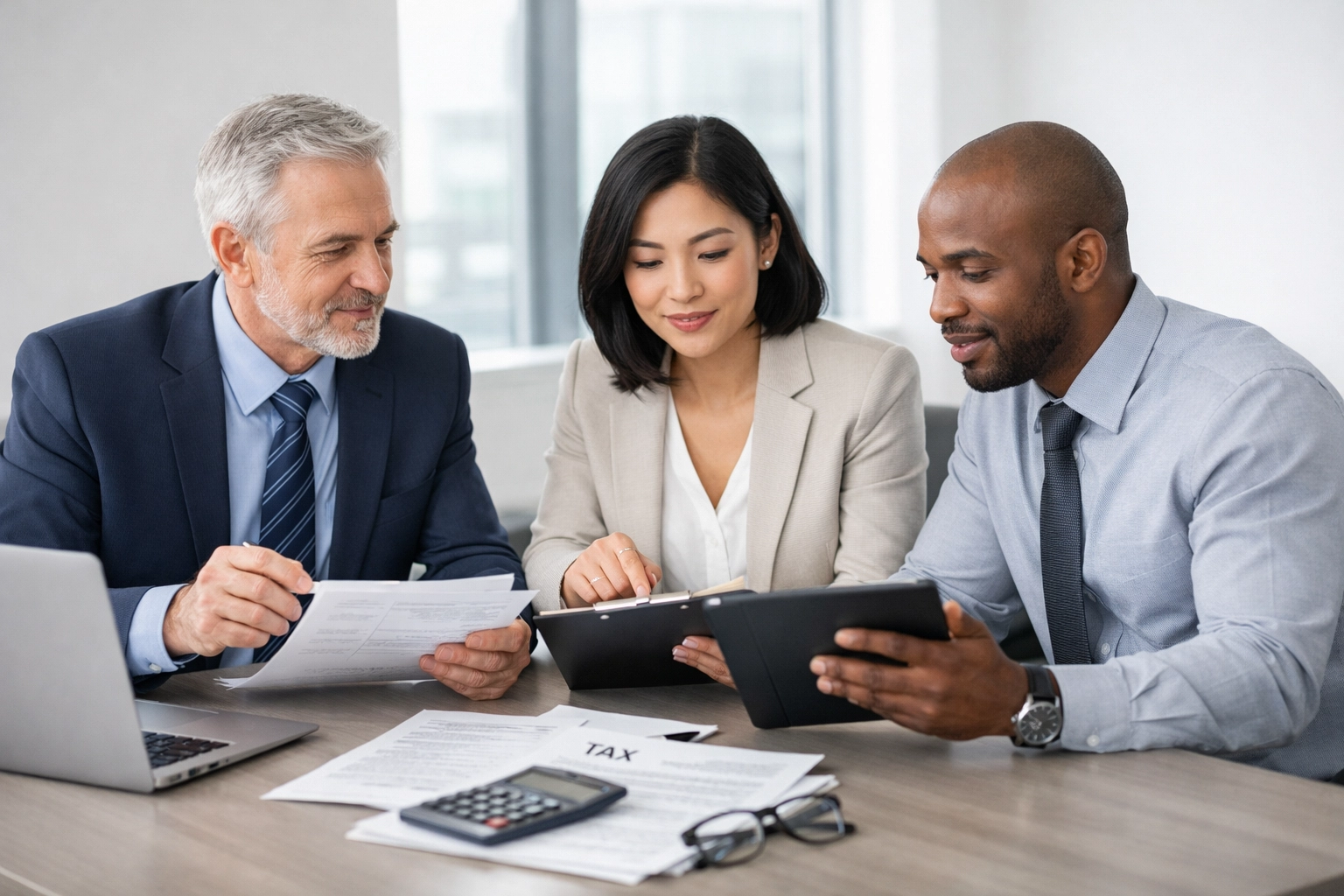 Tax professionals collaborating on service bureau strategies in modern office