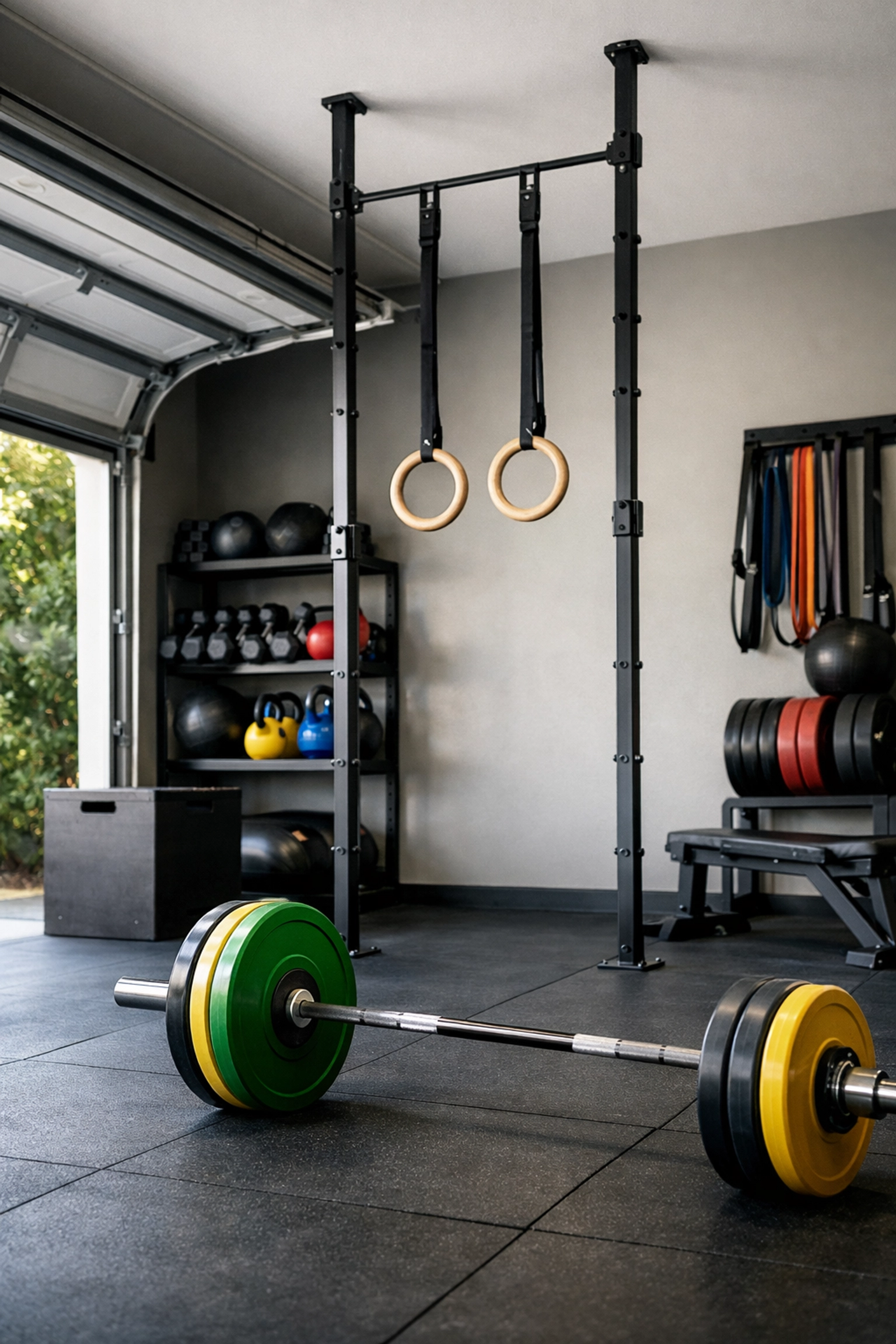 Floor to ceiling gym setup in garage with pressure-mounted system, rings, and barbell on rubber mats
