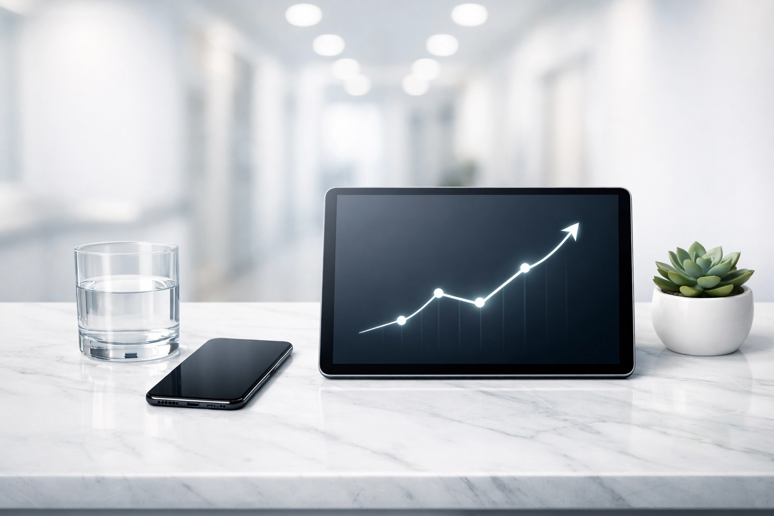 Tablet and smartphone on a clinical desk displaying an SEO growth chart for a chiropractic practice.