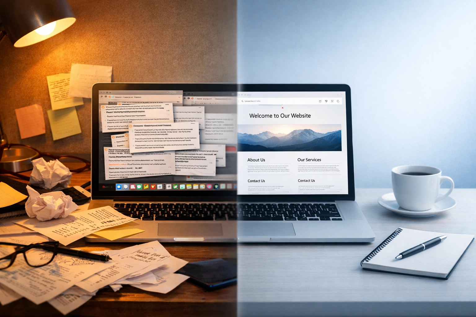 Comparison of confusing cluttered website versus clear organized message