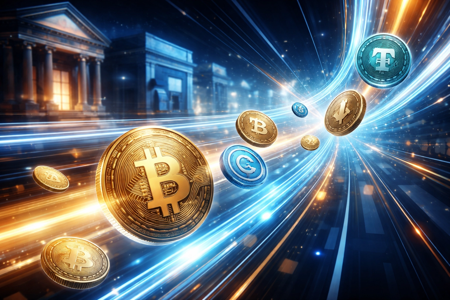 Digital currency coins moving through a futuristic pipeline, illustrating fast, low-cost Web3 and stablecoin payment rails for merchants.