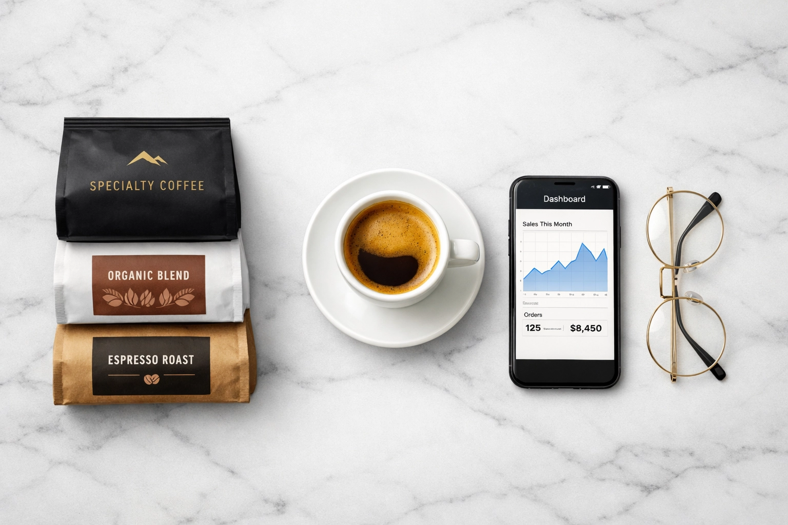 Coffee bags and a smartphone representing the coffee dropshipping UK business model.