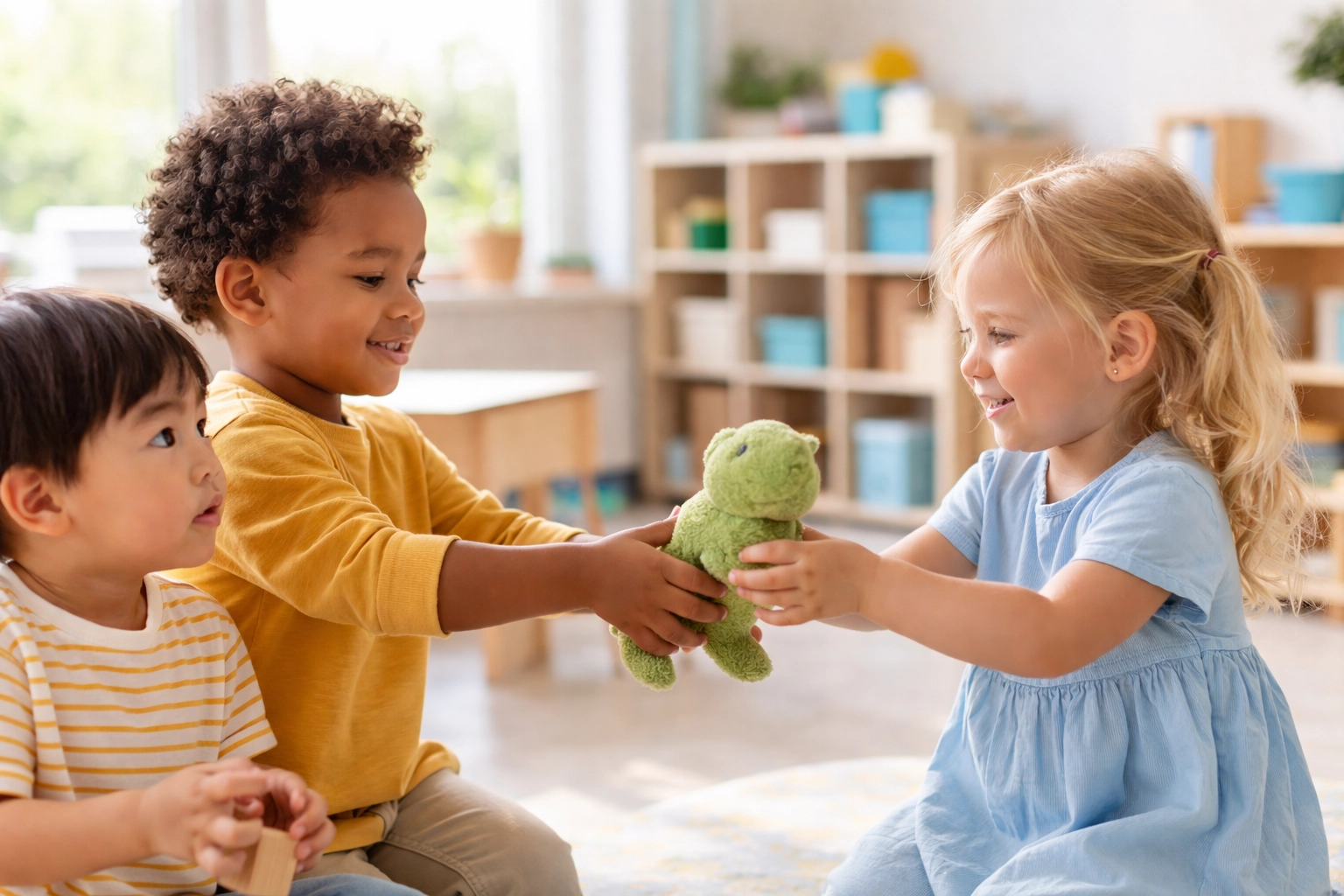 Young children playing and sharing toys in an early learning environment, illustrating ABA social skills in Tyrone