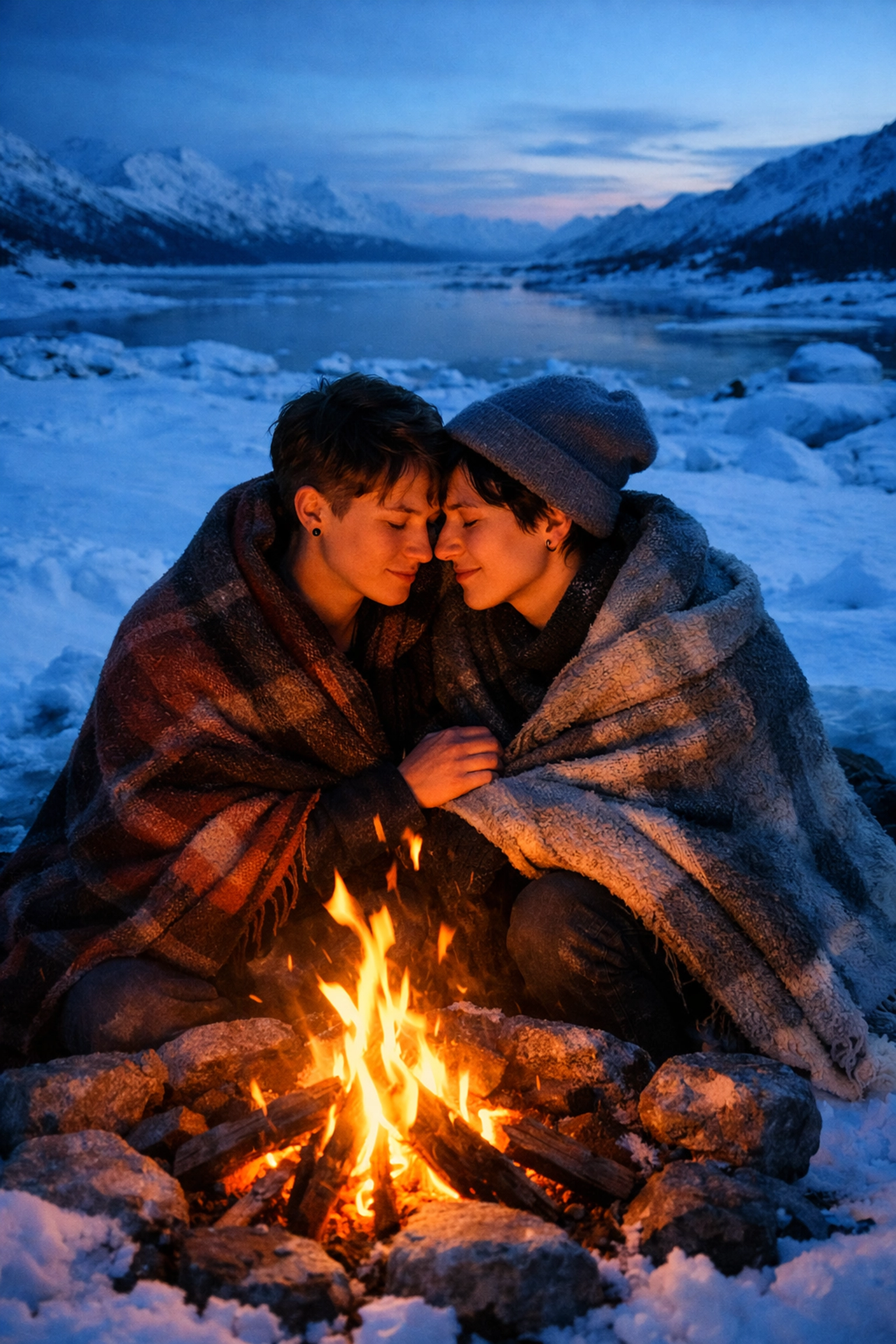 Gender-neutral couple sharing warmth by campfire representing connection in queer literature