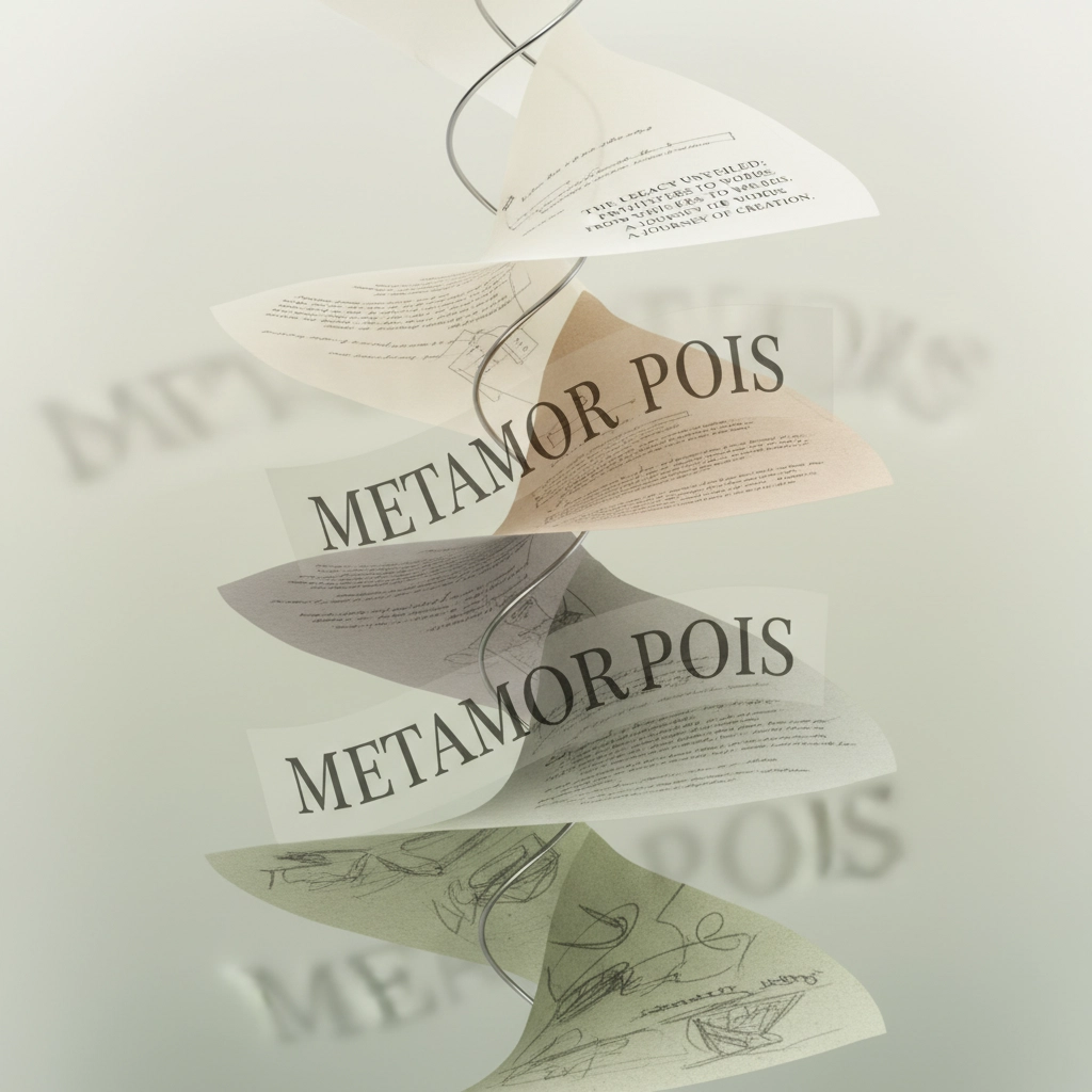 Sheets of paper spiral upward in midair, some covered in text and sketches, symbolizing the creative transformation process from scattered drafts to a polished legacy book.