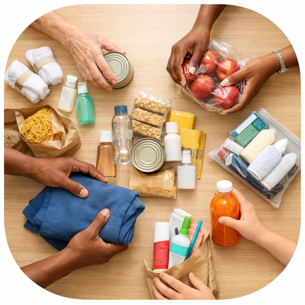 Diverse team members collaborating to pack donations for community service project