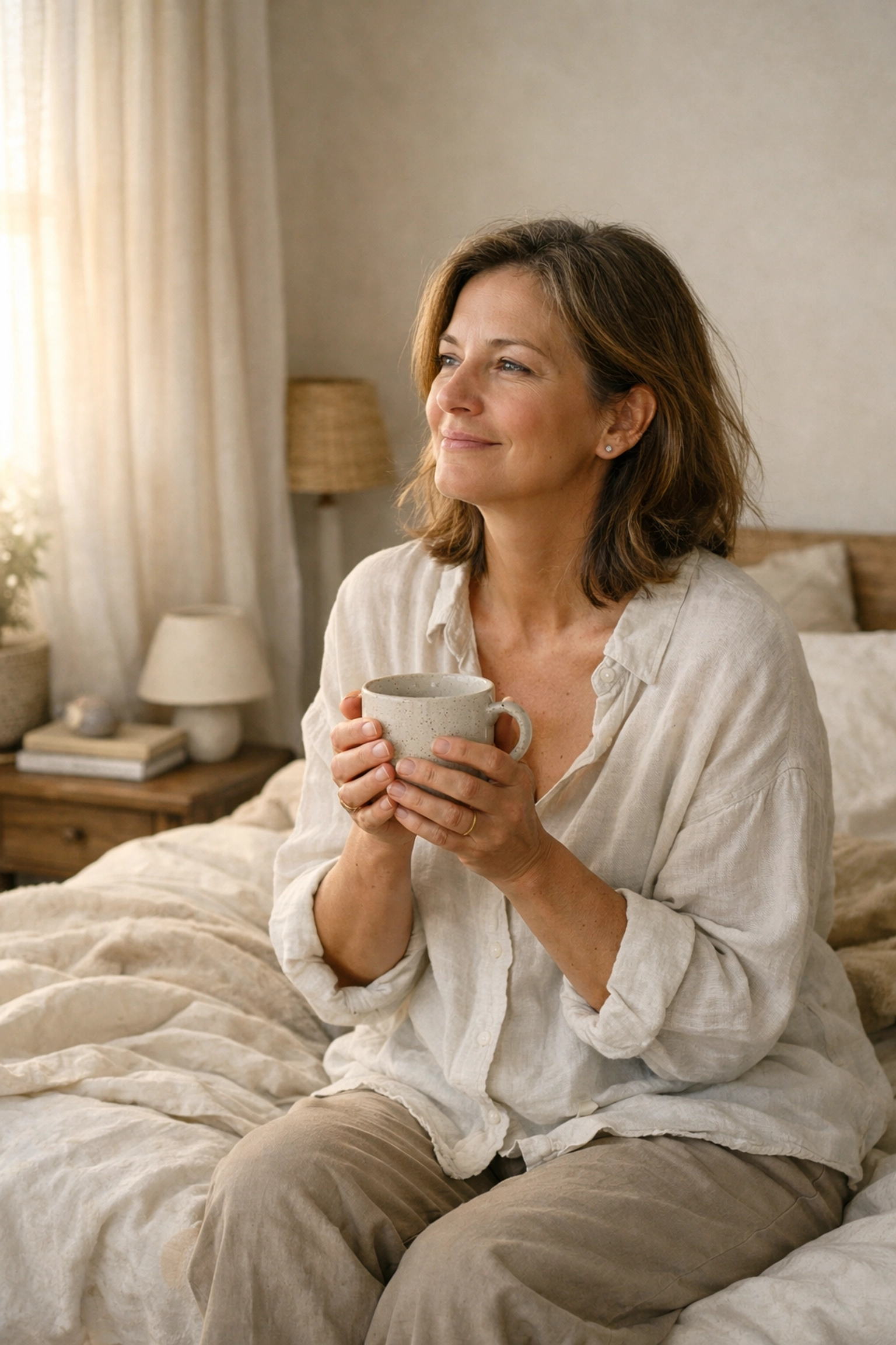 Calm woman sitting on her bed in morning light, feeling rested after perimenopause sleep and cortisol support.