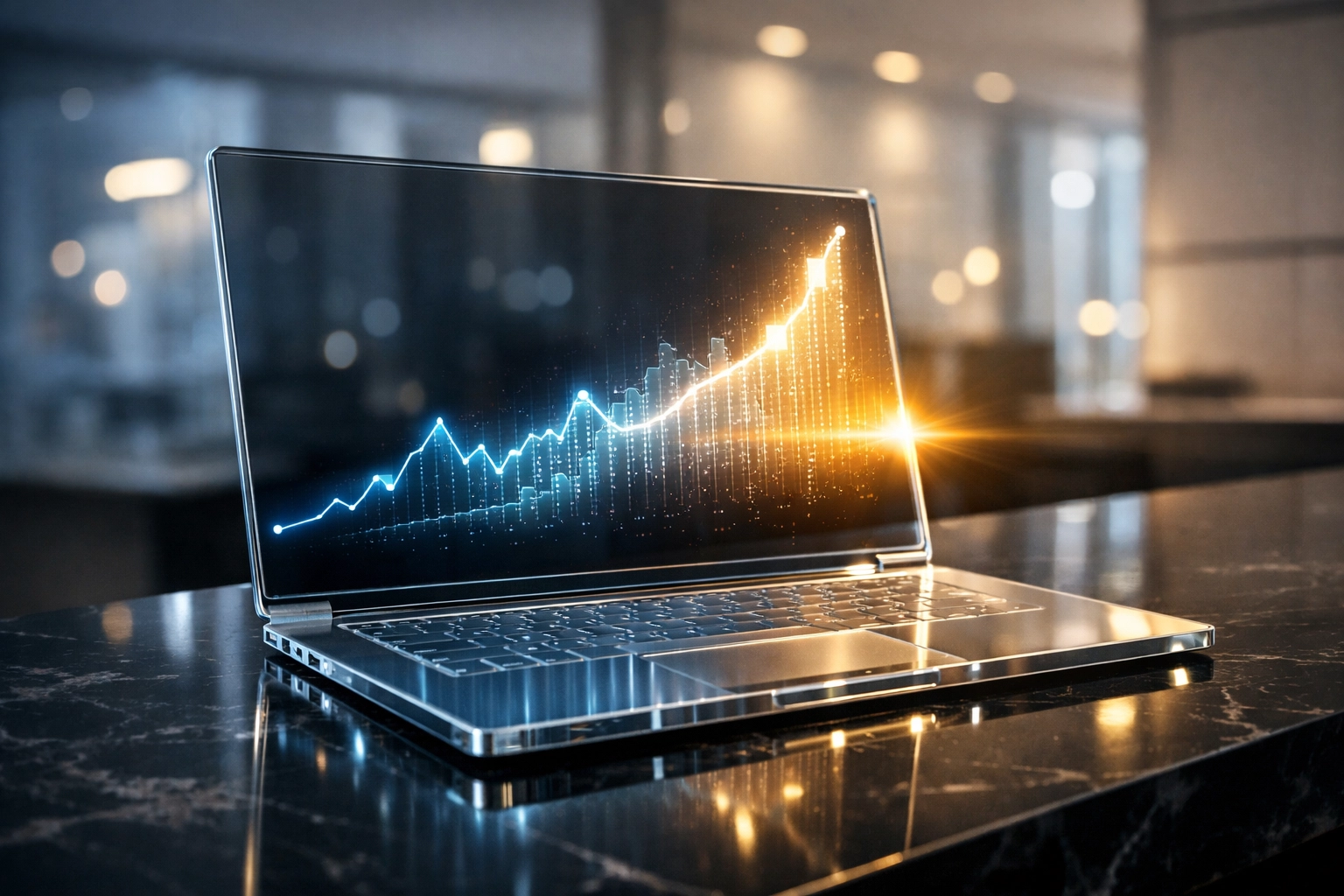 Predictive AI analytics graph on a laptop screen showing future search traffic growth trends.