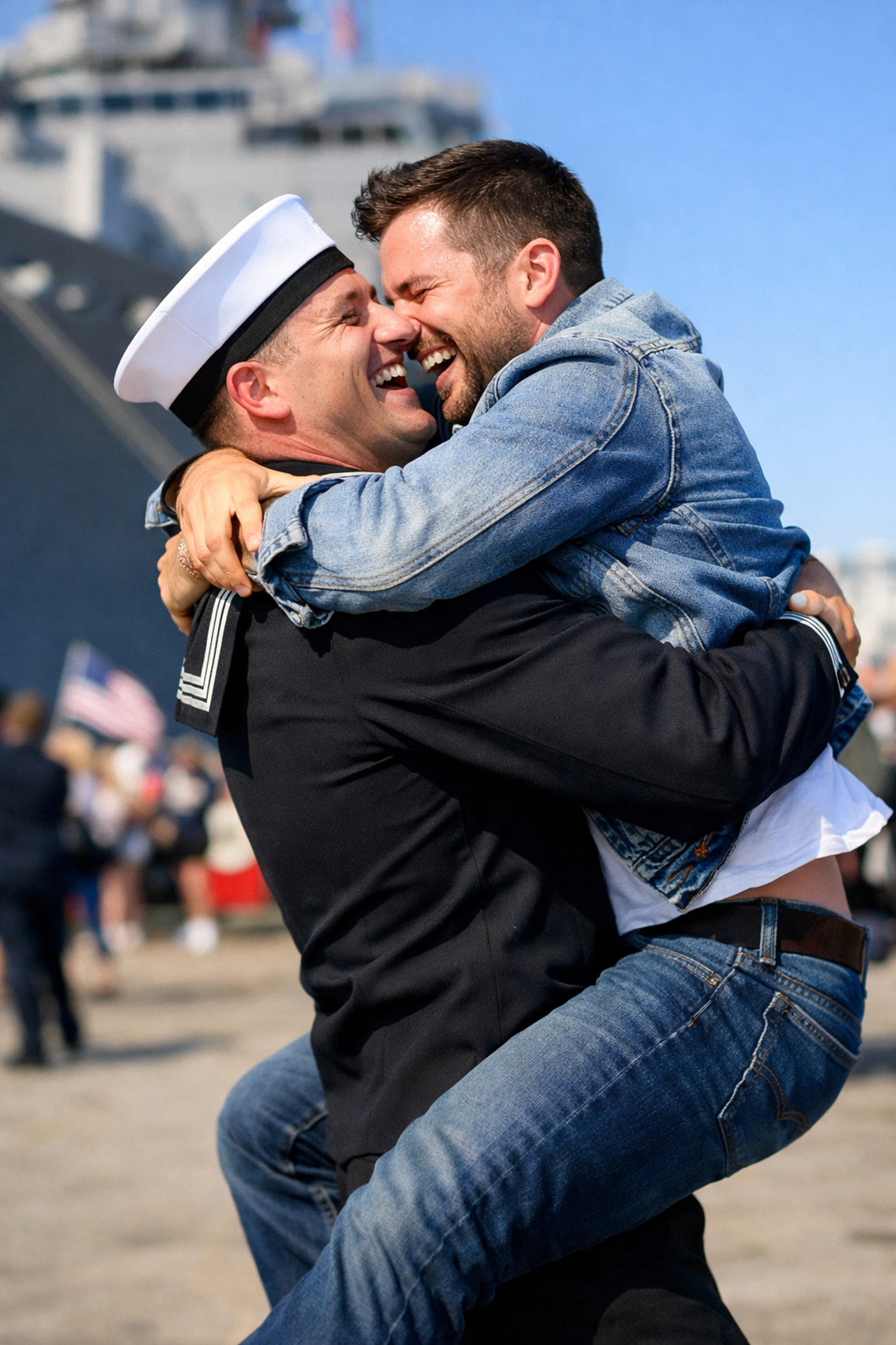 A gay Navy sailor celebrating a joyful homecoming with his husband after the repeal of Don't Ask Don't Tell.