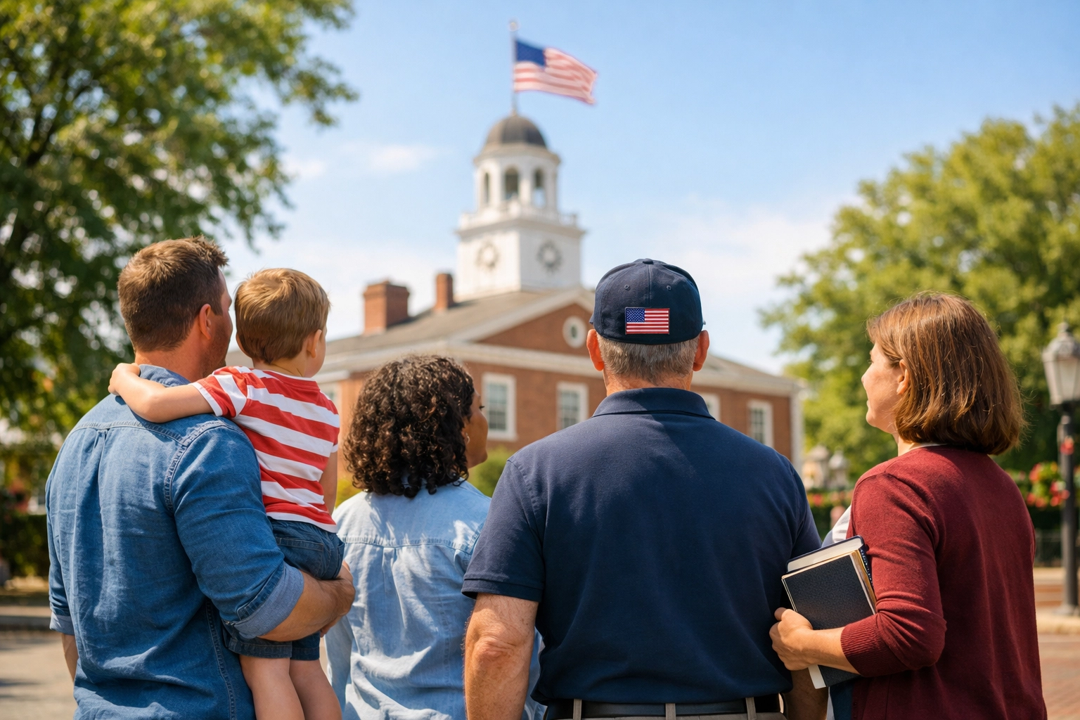 Diverse Americans gathering in a town square to celebrate civic duty and America