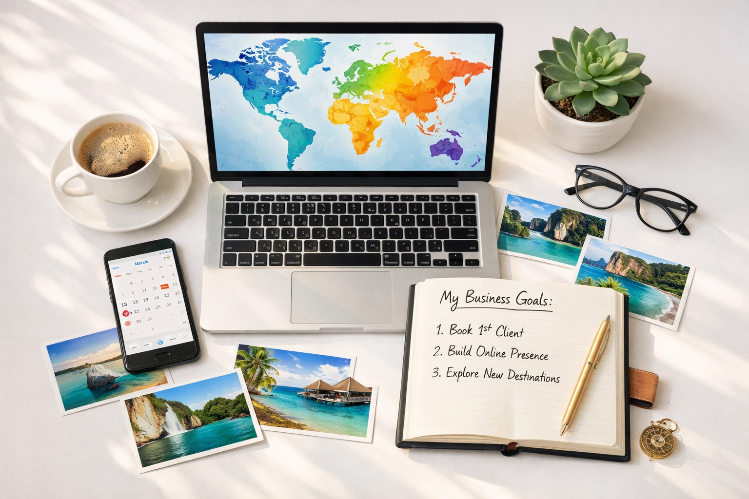 Travel agent workspace with laptop showing world map and business planning materials