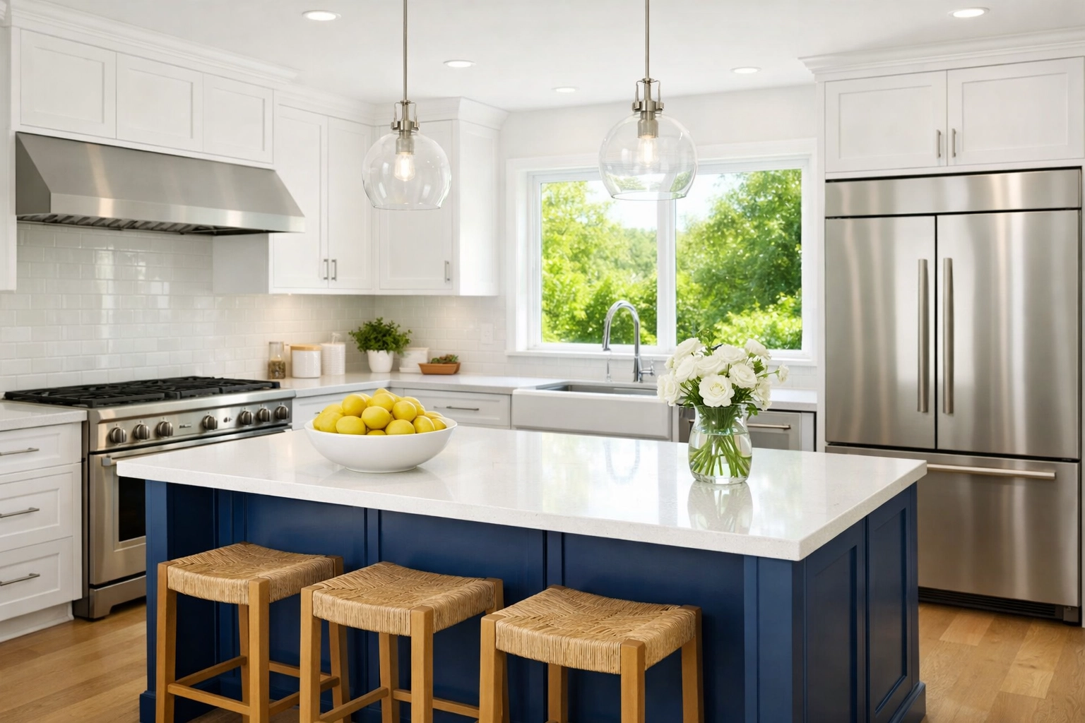 Bright luxury kitchen cleaned with eco-friendly products for a healthy Belmont hillside home.