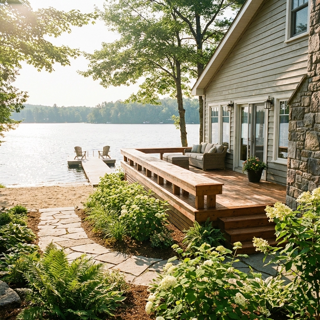 Well-maintained Muskoka cottage exterior with deck, manicured landscaping, and lake access, ready for sale when selling a Muskoka waterfront cottage.