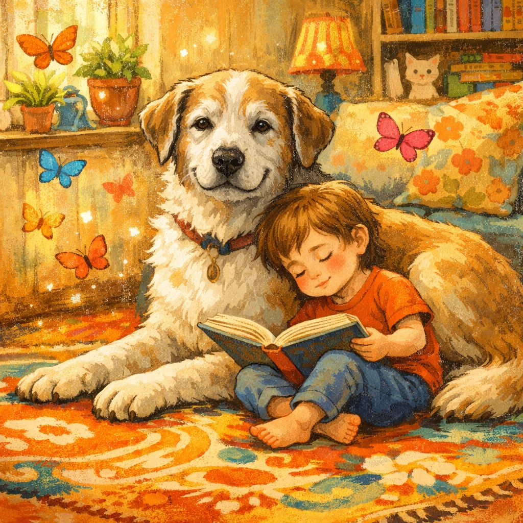 Calm senior dog sitting with a child reading a book, showing a predictable temperament.
