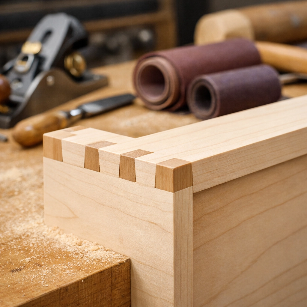 Expert dovetail joinery in a Minnesota workshop for durable custom cabinetry.