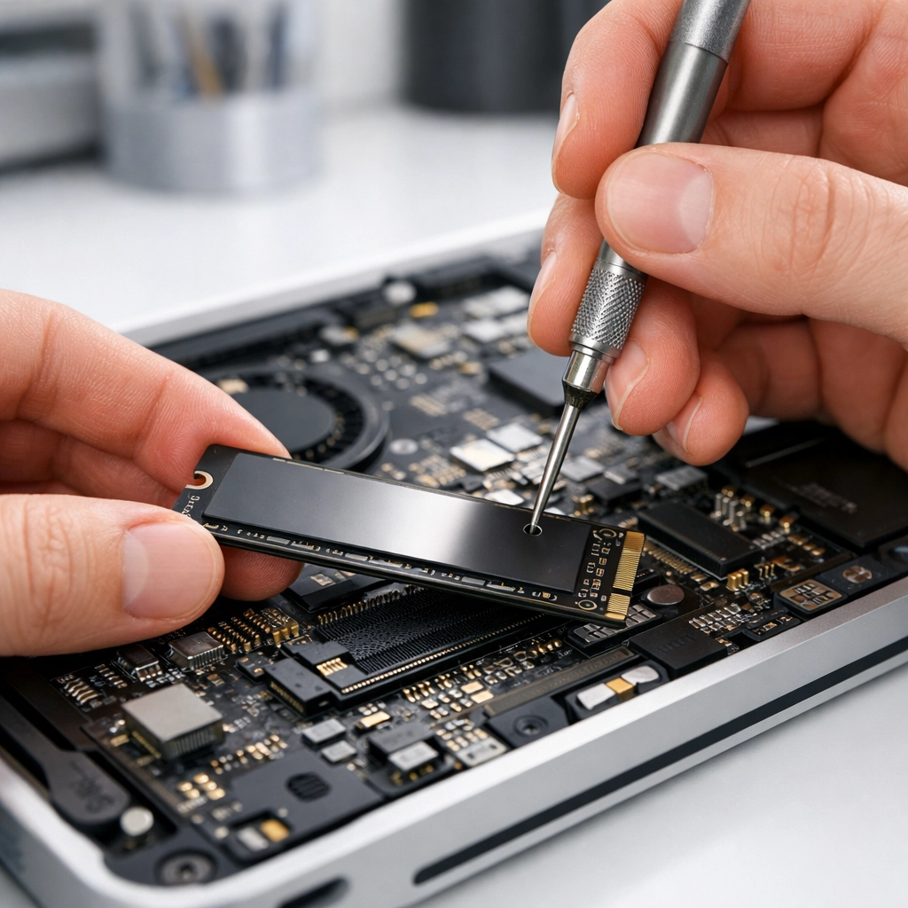 Professional technician installing a high-speed SSD upgrade in a laptop for better performance in Vacaville.