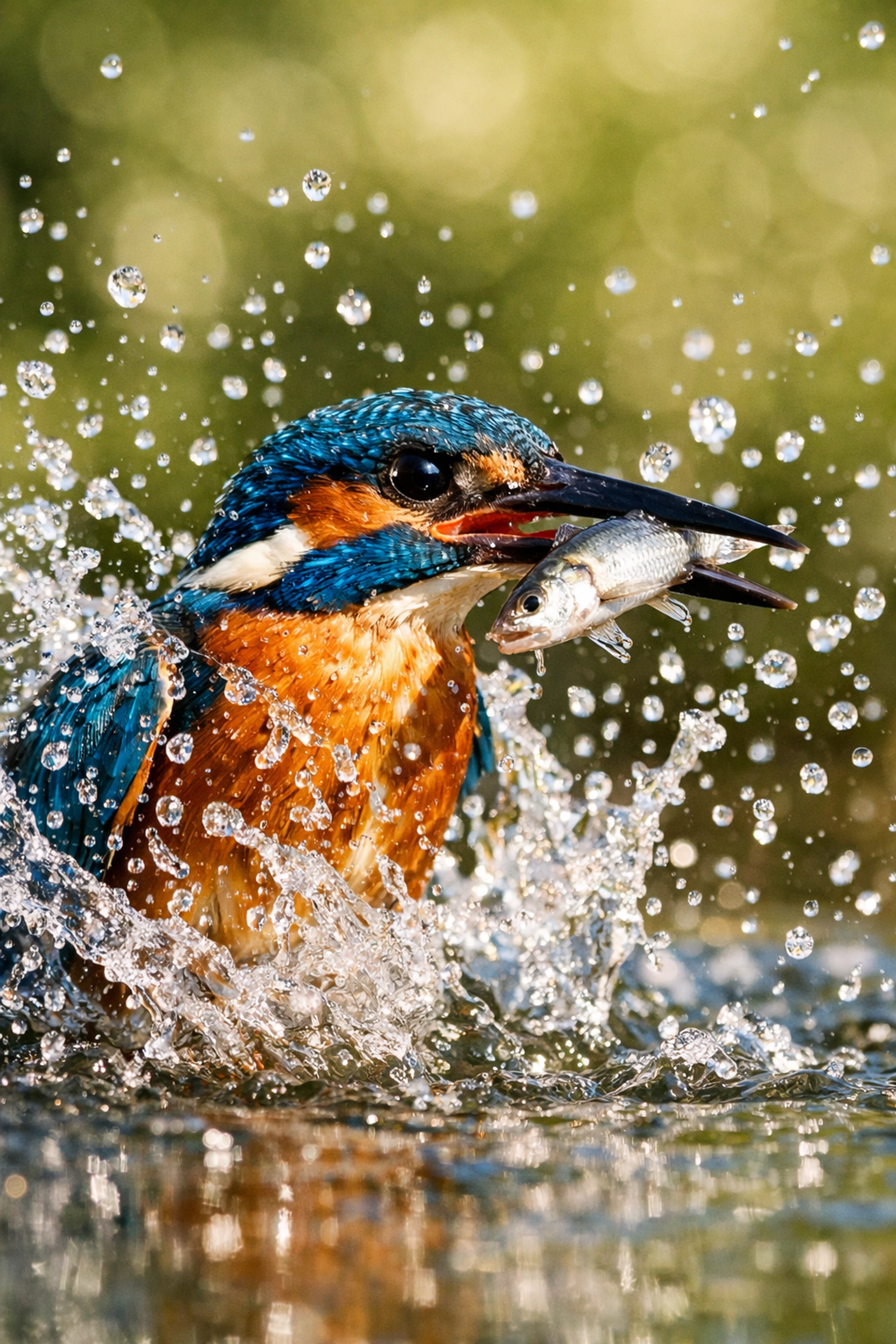 AI-powered mirrorless features tracking a kingfisher bird with sharp focus on the eye as it catches a fish.