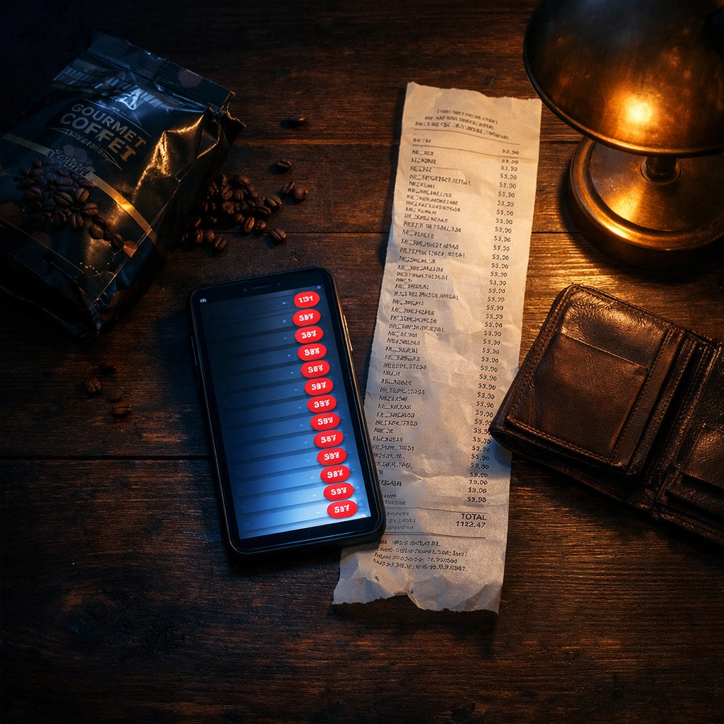 A smartphone with notification alerts next to an empty wallet and grocery receipt, showing rising AI subscription costs.