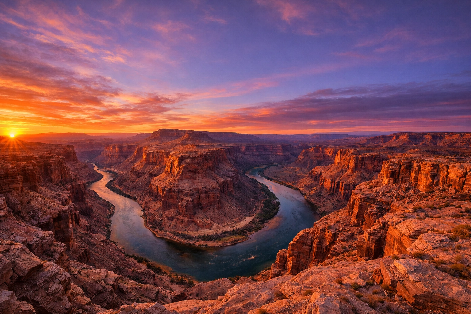 Expansive panoramic landscape photography of a sunset river winding through a deep canyon.