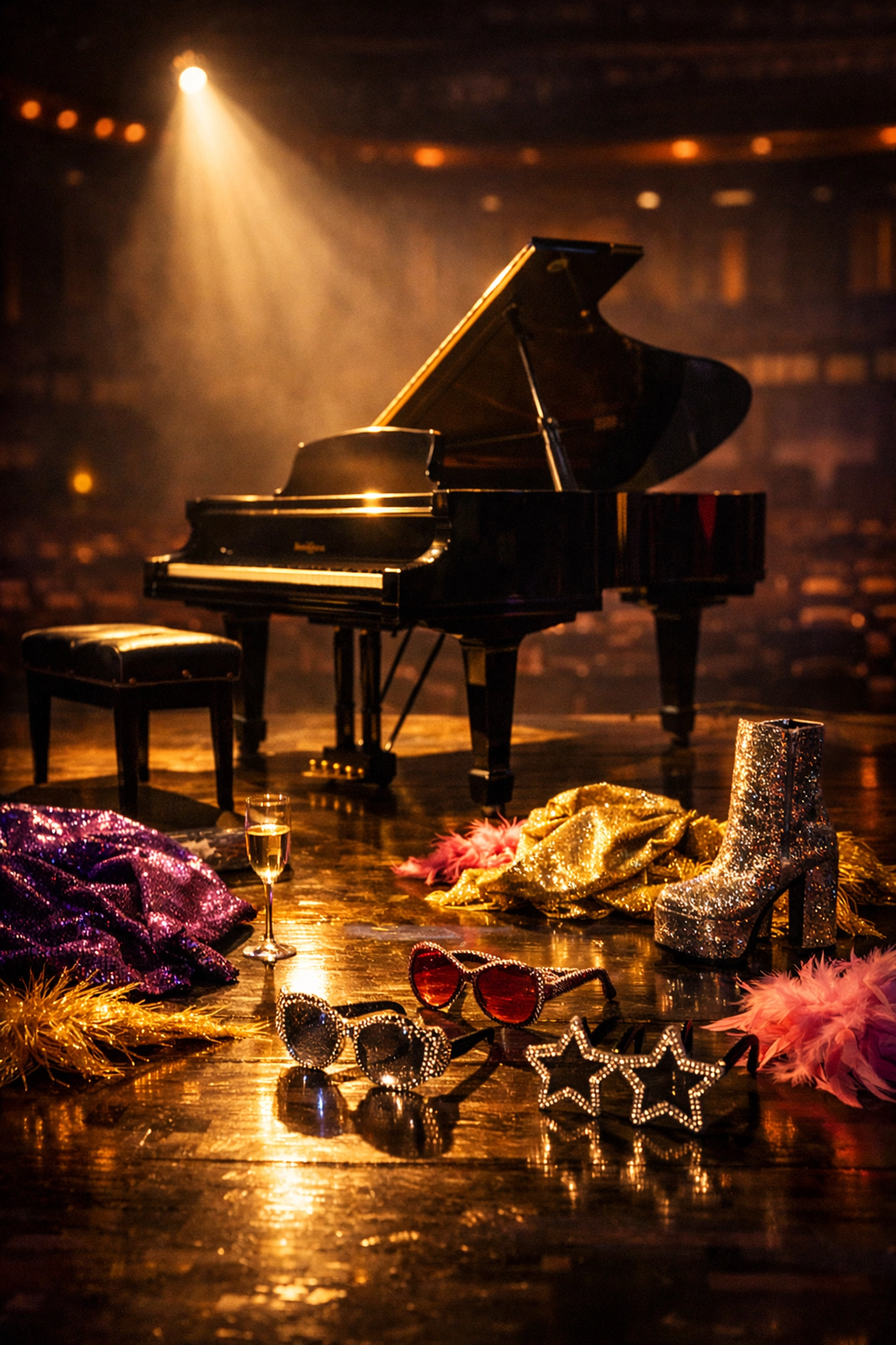 Elton John's 1970s stage with piano and sequined glasses representing his closeted rock star years