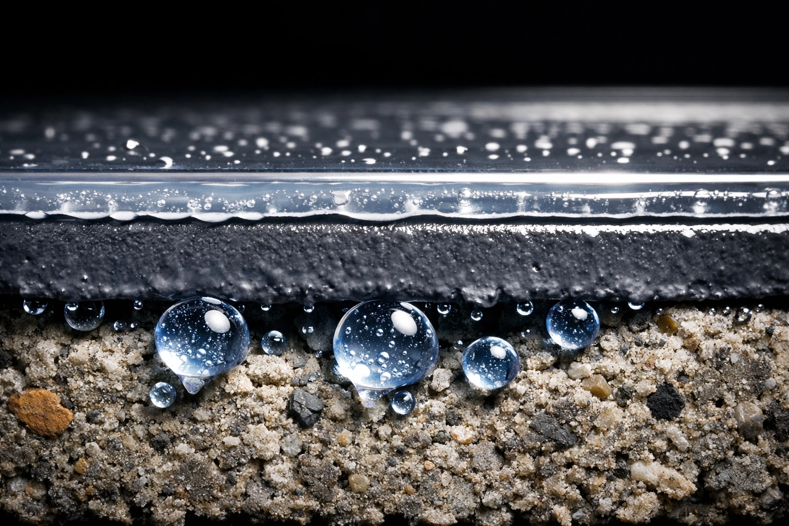 Cross-section of polyaspartic topcoat system protecting concrete from moisture and temperature damage