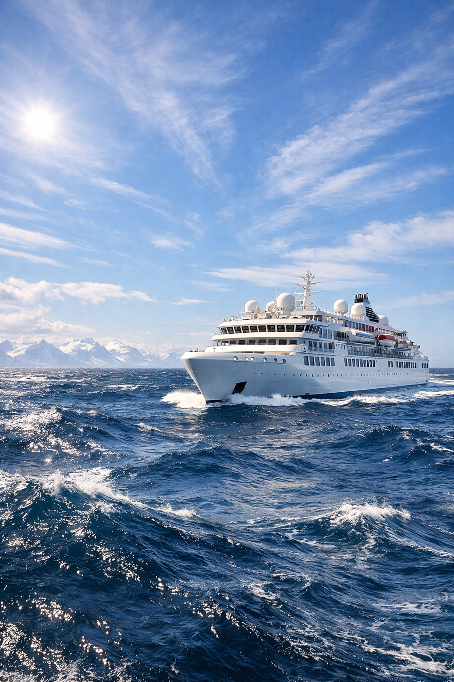 Modern expedition ship sailing through the deep blue waters of the Drake Passage in Antarctica.