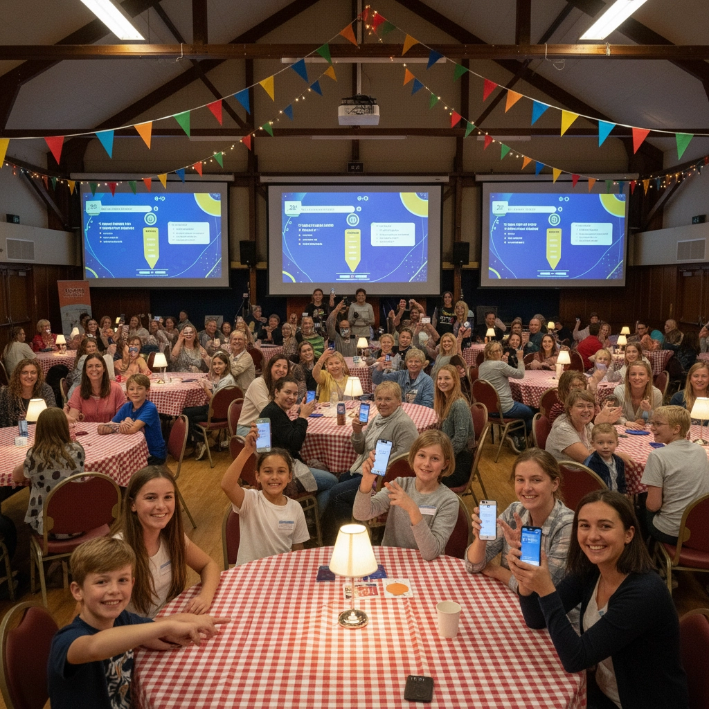 Big group of people in a big hall all playing an online quiz on their smart phone