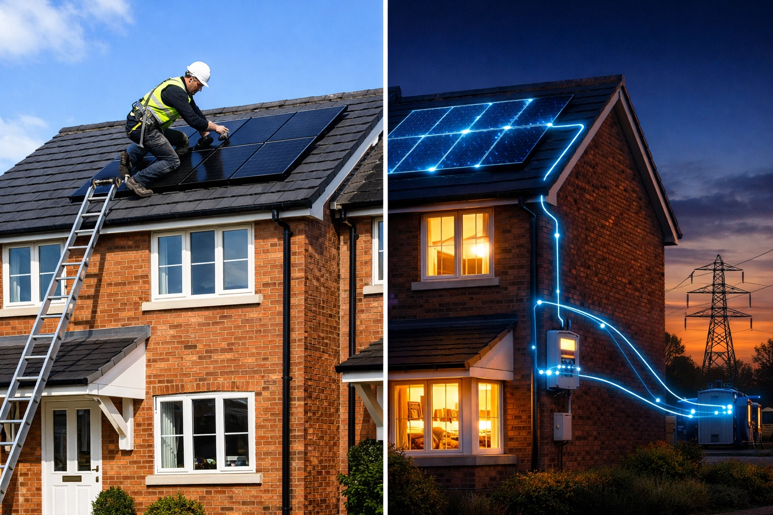 MCS-certified installer fitting solar panels on UK semi-detached house with grid connection