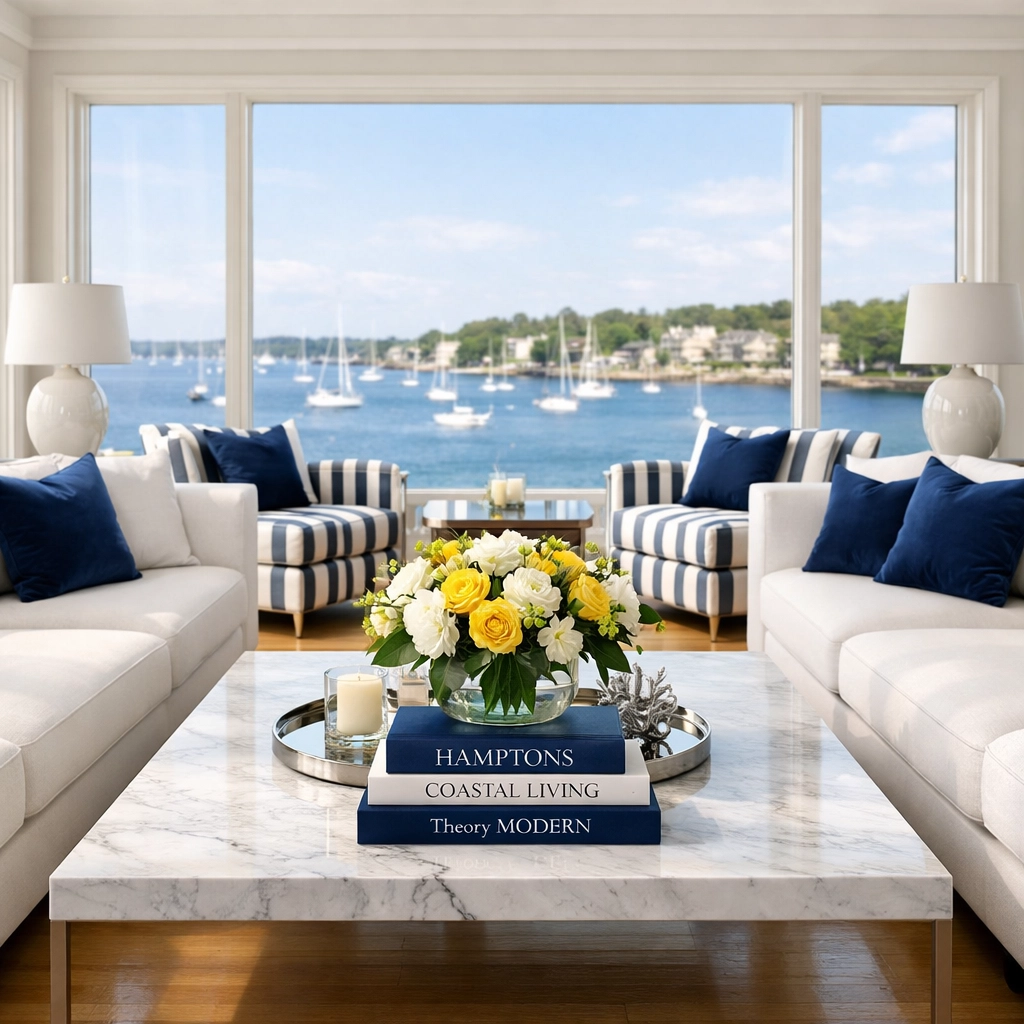 Professionally cleaned luxury living room in Marblehead Neck with harbor views and dust-free surfaces.
